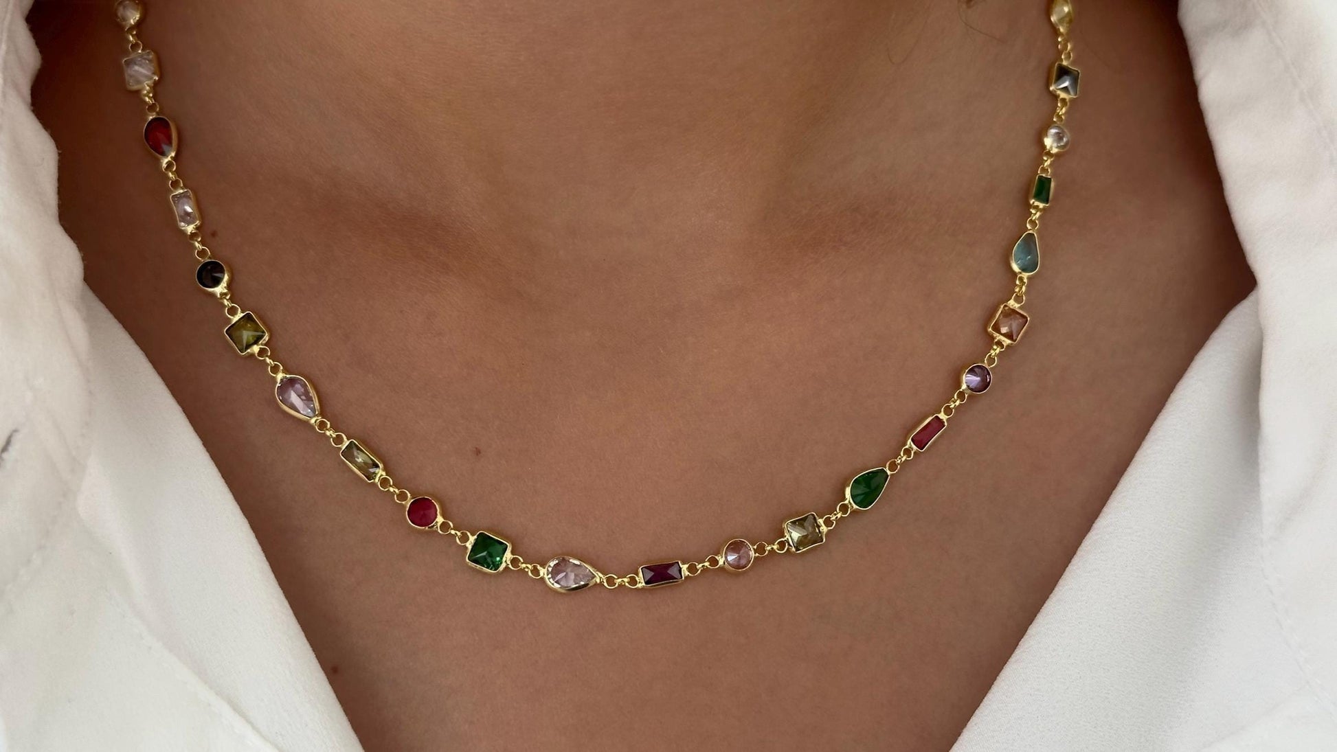 Sterling Silver CZ Chain Necklace, 14k Gold Plated, Multicolor Gemstone