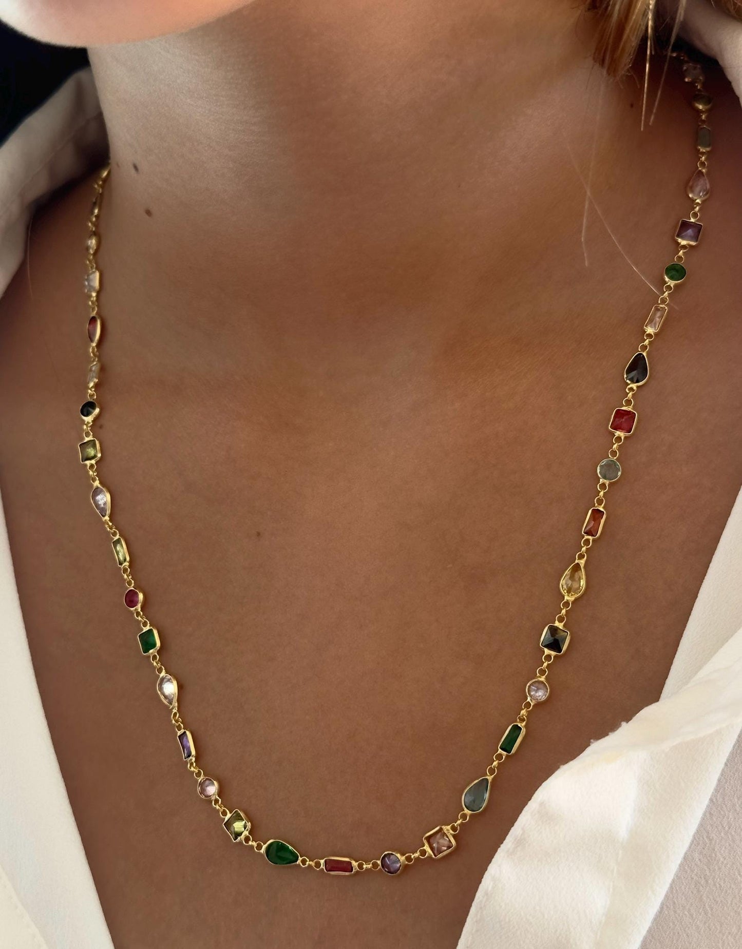 Sterling Silver CZ Chain Necklace, 14k Gold Plated, Multicolor Gemstone