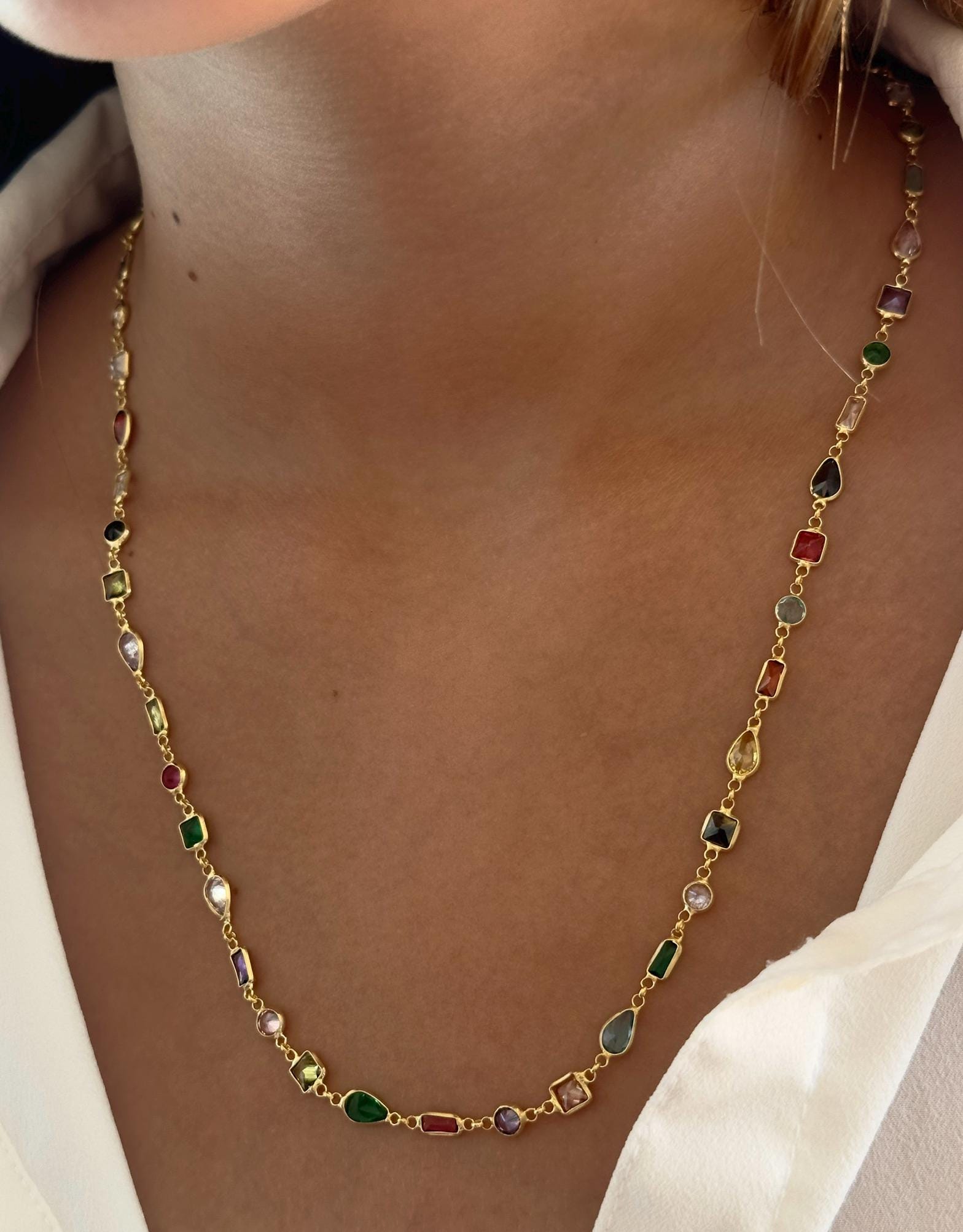 Sterling Silver CZ Chain Necklace, 14k Gold Plated, Multicolor Gemstone