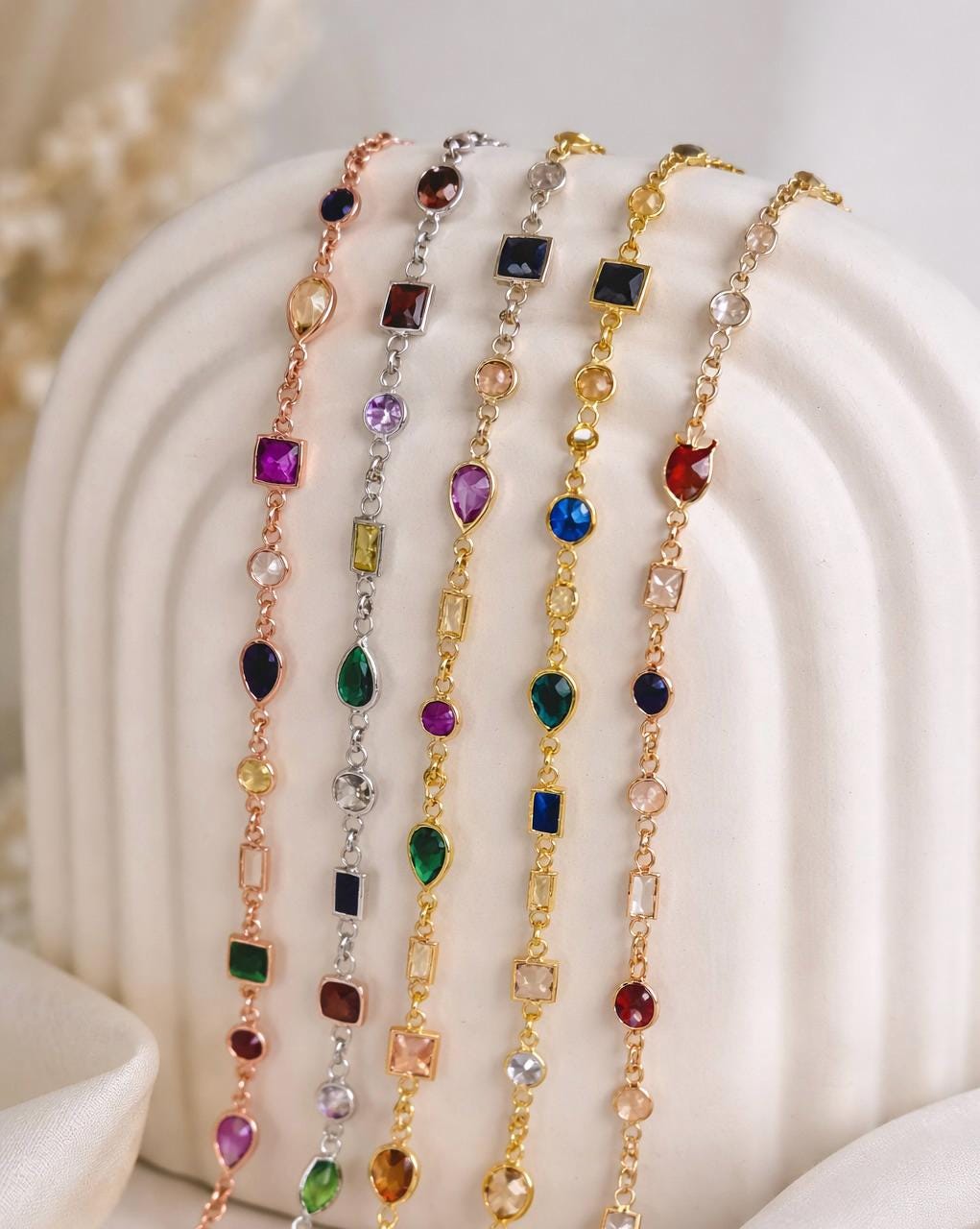 Sterling Silver CZ Chain Necklace, 14k Gold Plated, Multicolor Gemstone