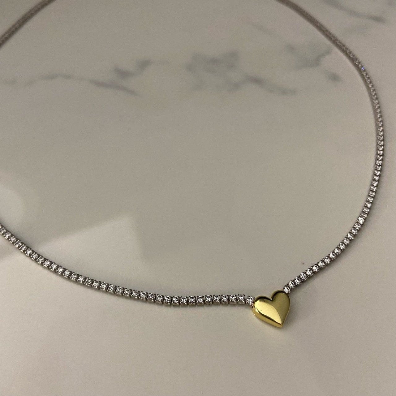 Sterling Silver CZ Diamond Tennis Necklace -  3d Heart Pendant 14k Gold Plated Choker