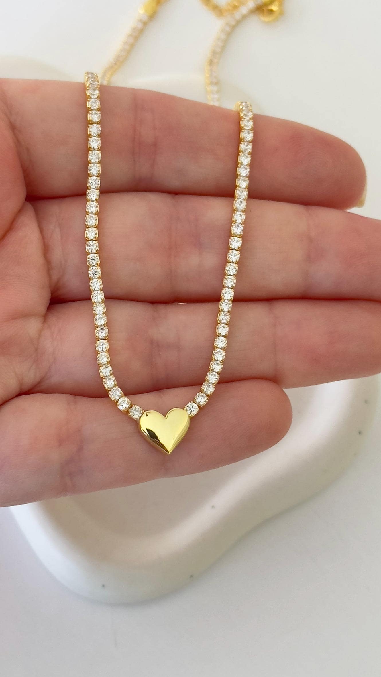 Sterling Silver CZ Diamond Tennis Necklace -  3d Heart Pendant 14k Gold Plated Choker