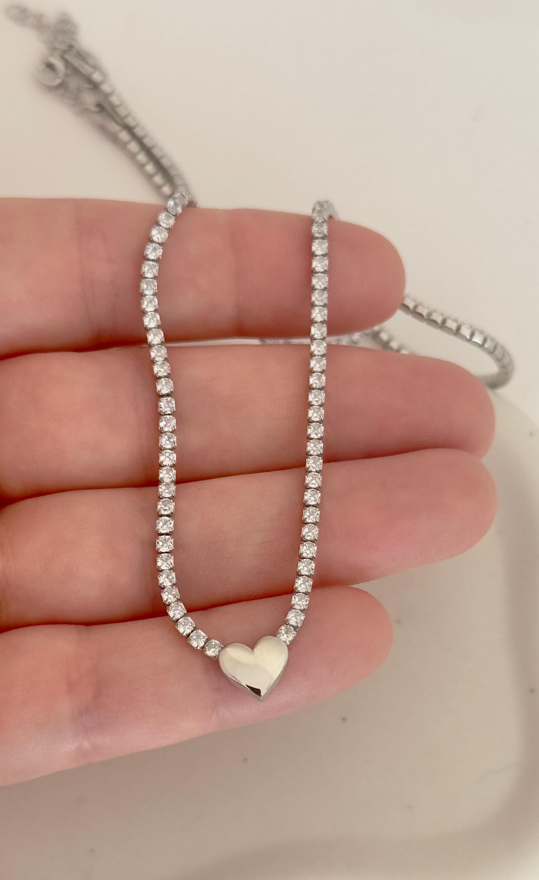 Sterling Silver CZ Diamond Tennis Necklace -  3d Heart Pendant 14k Gold Plated Choker