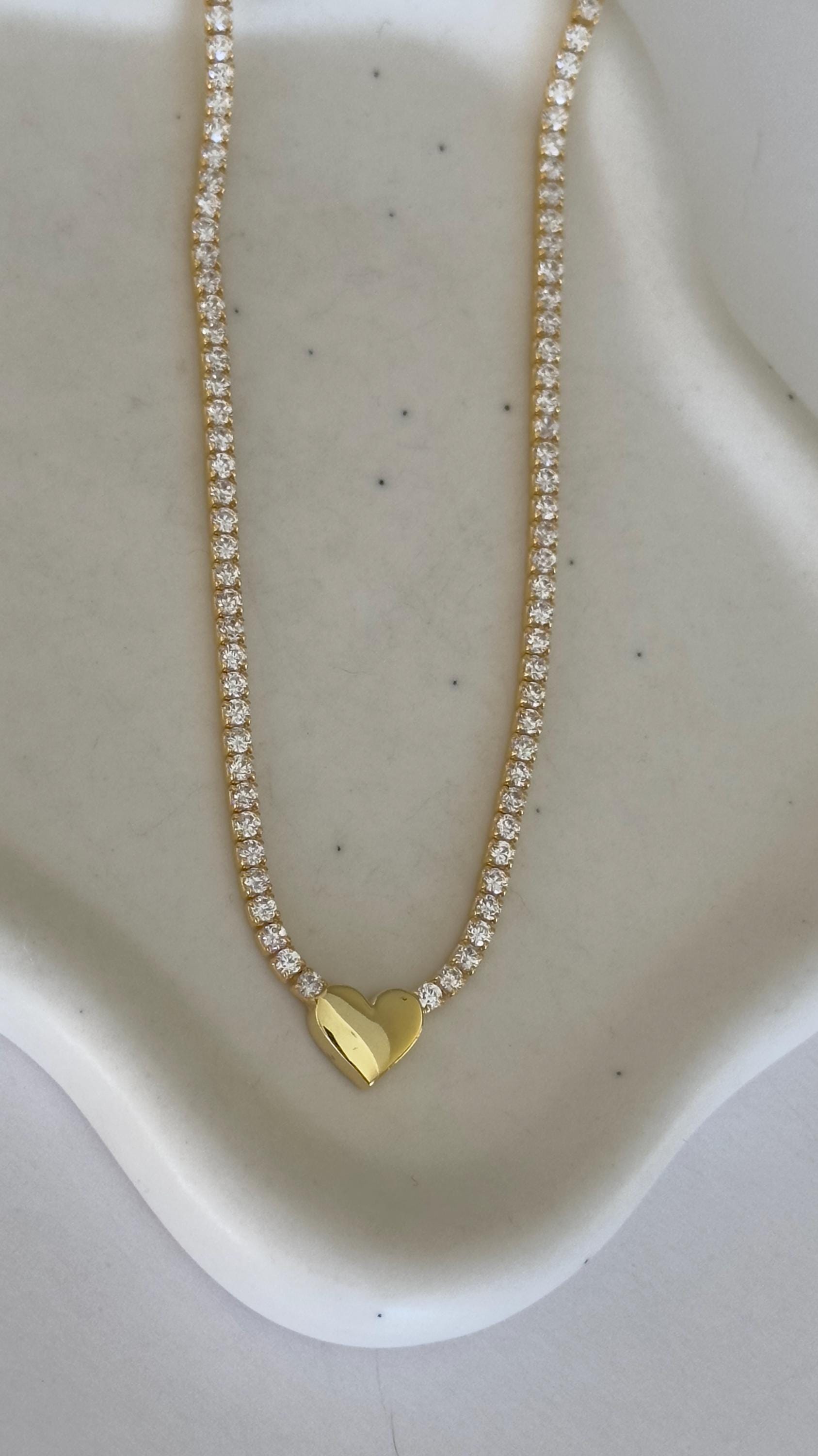Sterling Silver CZ Diamond Tennis Necklace -  3d Heart Pendant 14k Gold Plated Choker