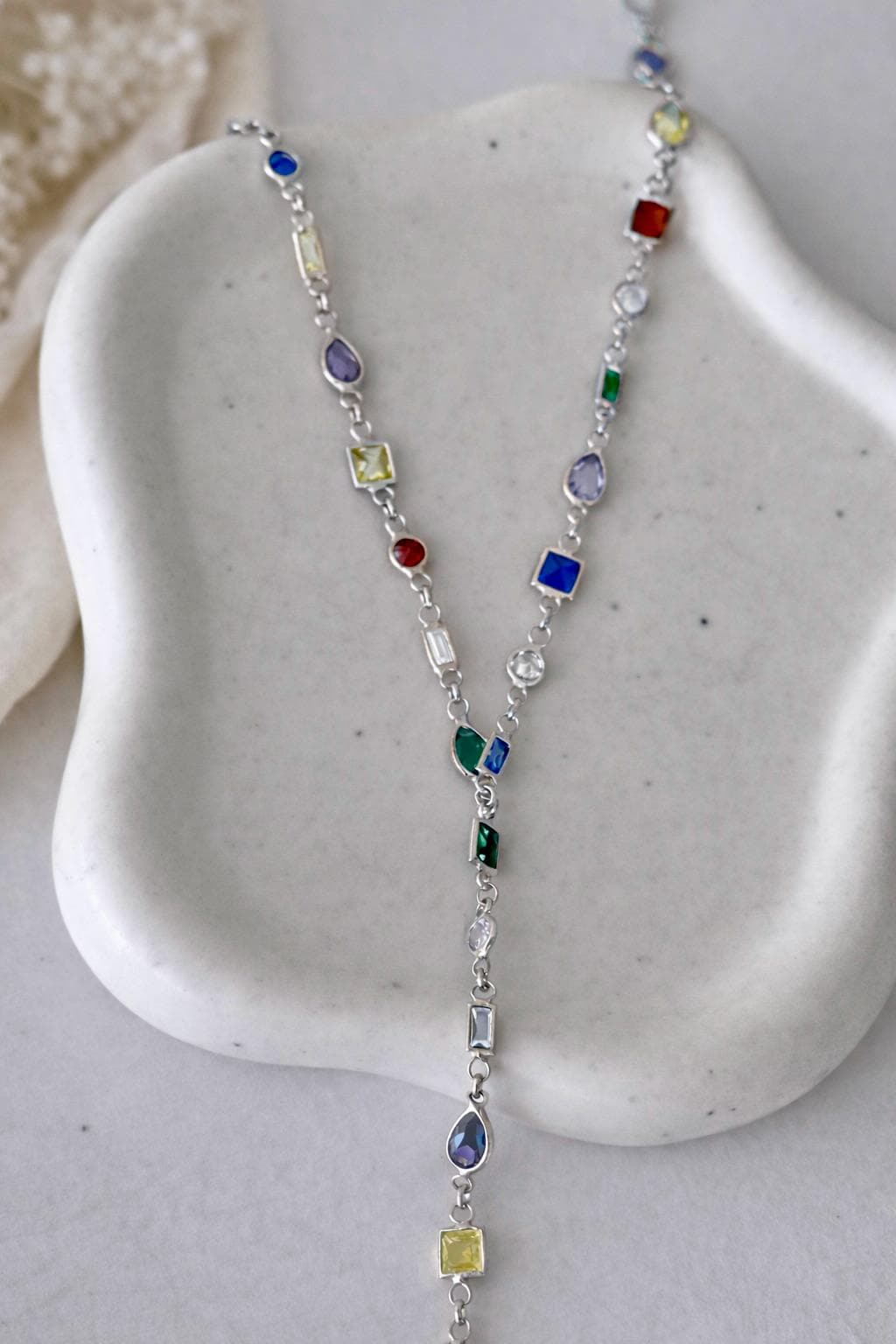 Sterling Silver CZ Gemstone Lariat Necklace, Gold Plated Y Drop