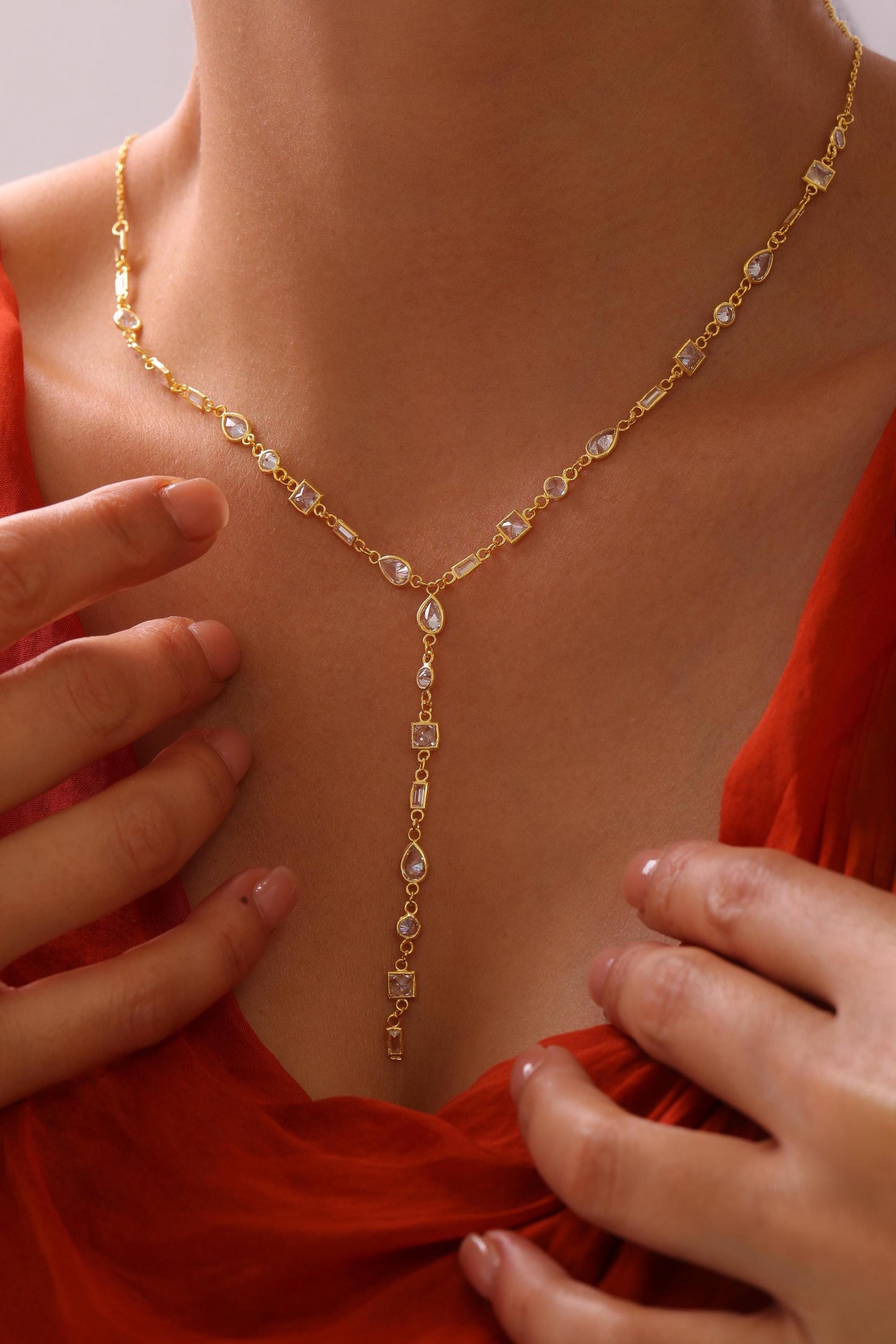 Diamond lariat necklace, CZ Gemstone, Long Y Drop style 925 Sterling Silver 14k Gold Plated Handmade Jewelry