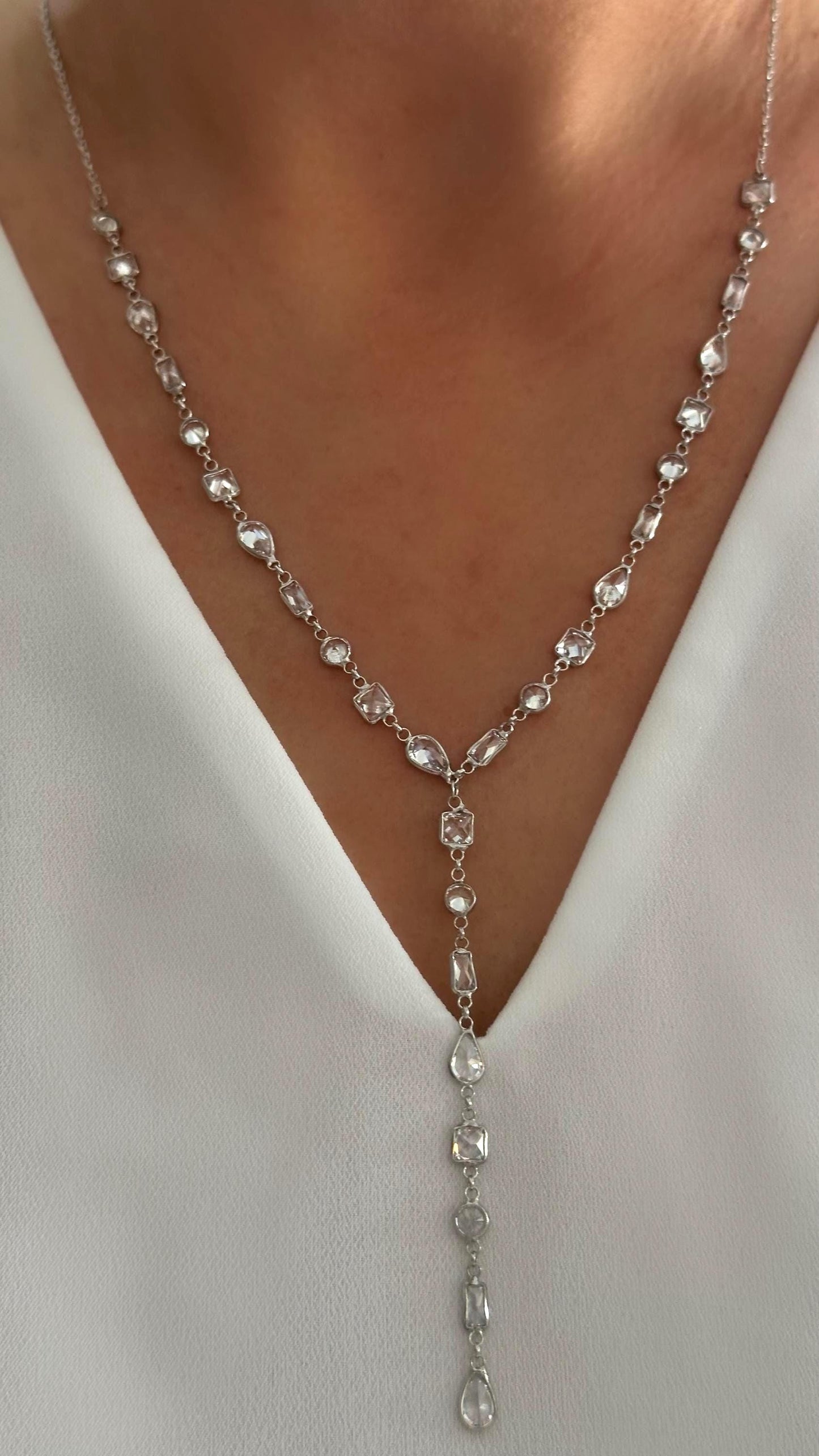 Sterling Silver CZ Gemstone Lariat Necklace, Gold Plated Y Drop