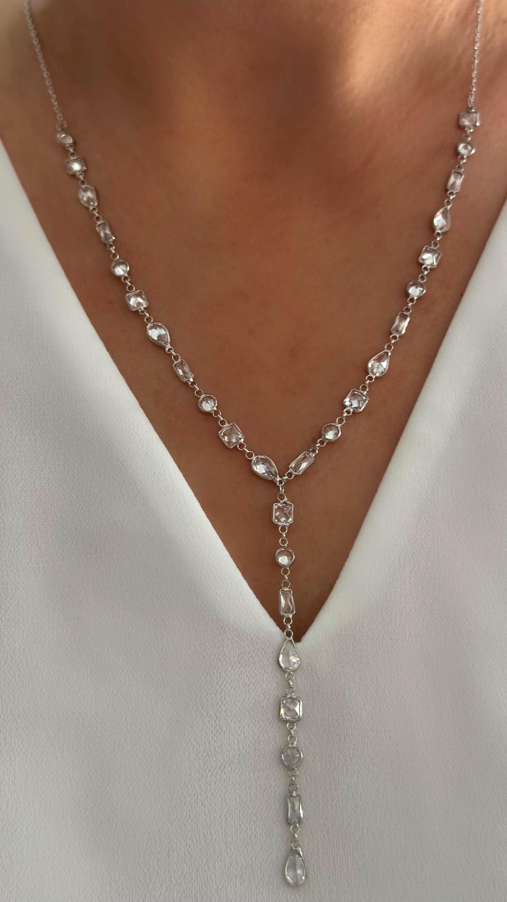 Sterling Silver CZ Gemstone Lariat Necklace, Gold Plated Y Drop