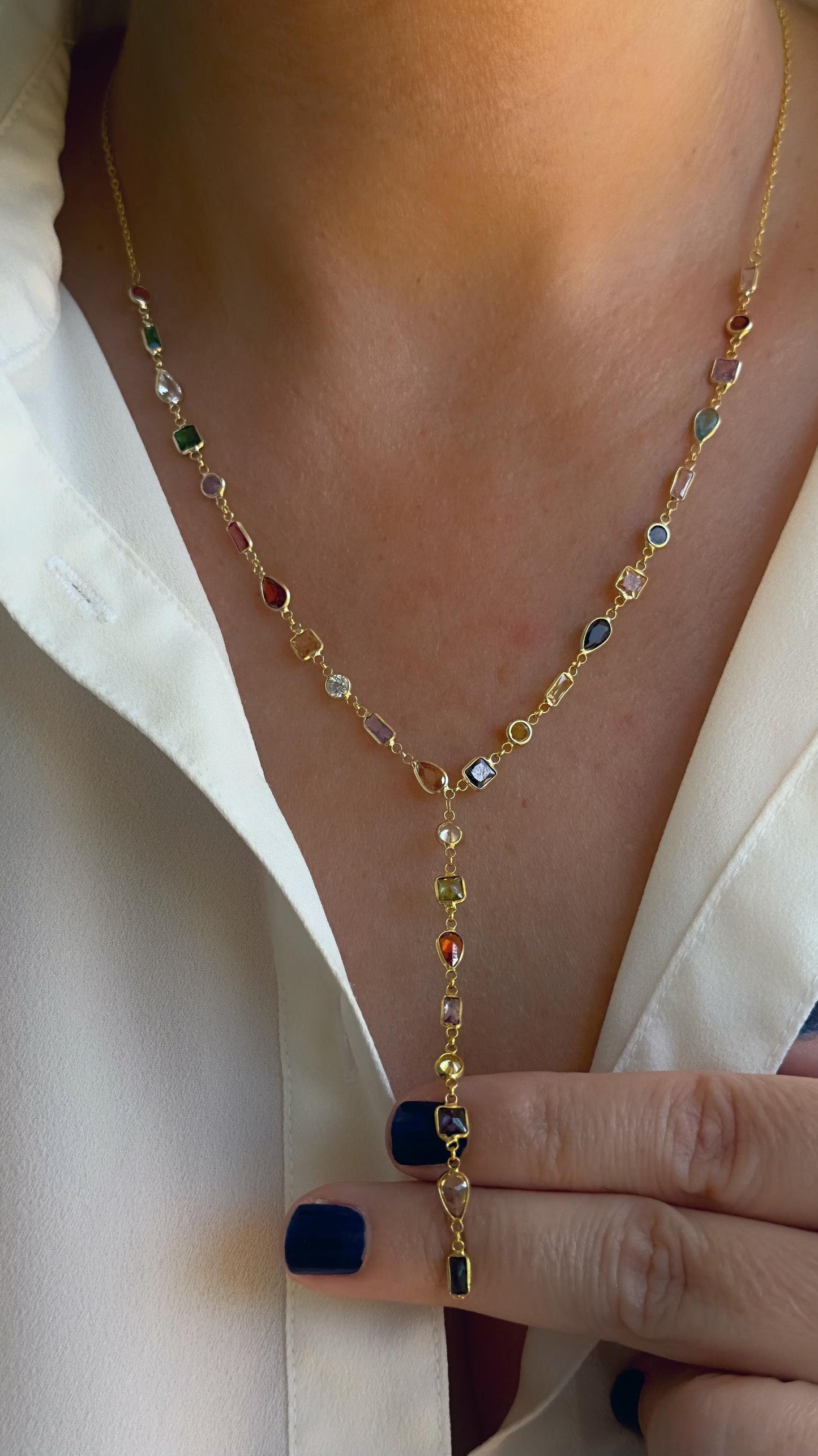 Sterling Silver CZ Gemstone Lariat Necklace, Gold Plated Y Drop