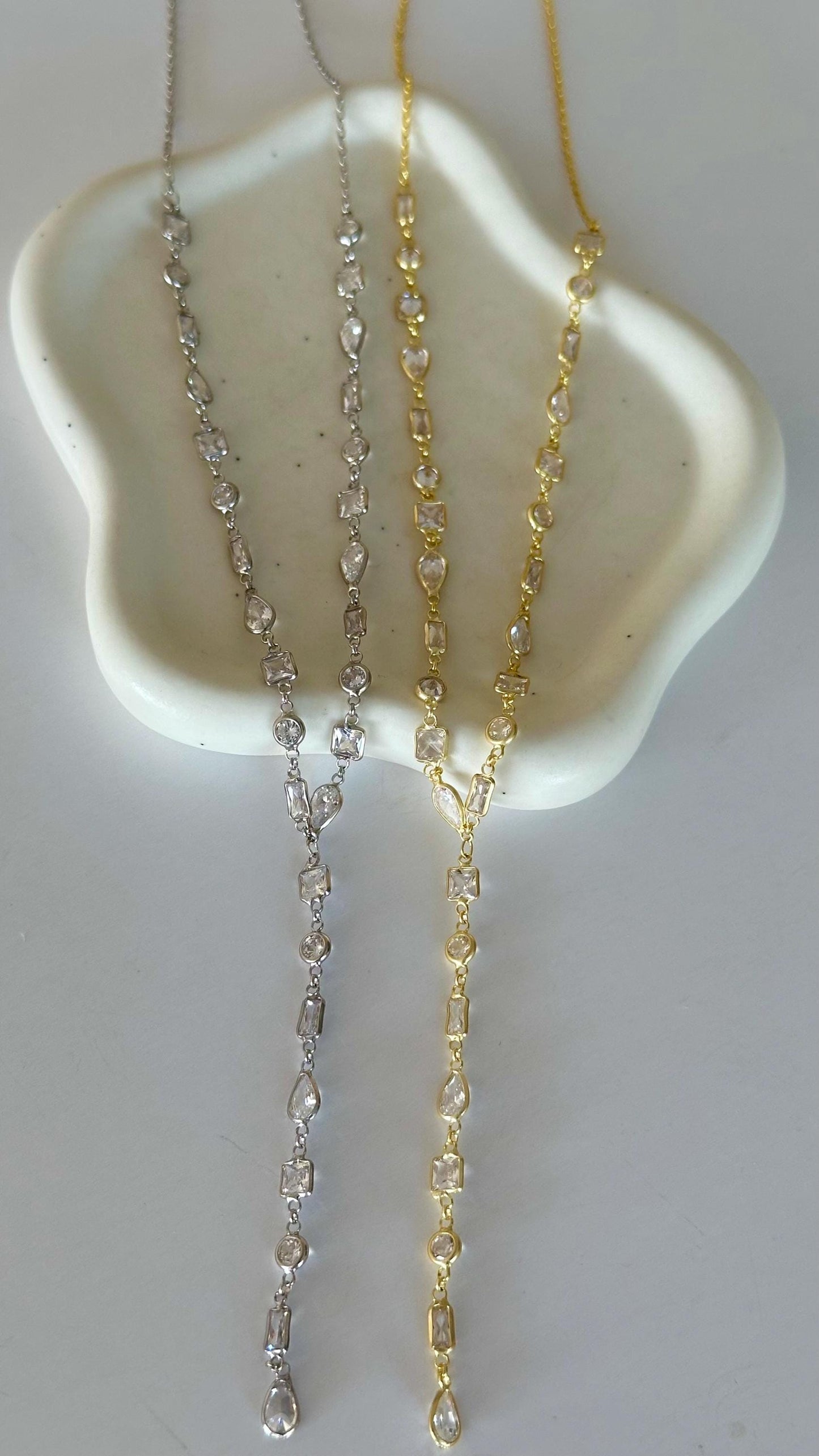 Sterling Silver CZ Gemstone Lariat Necklace, Gold Plated Y Drop