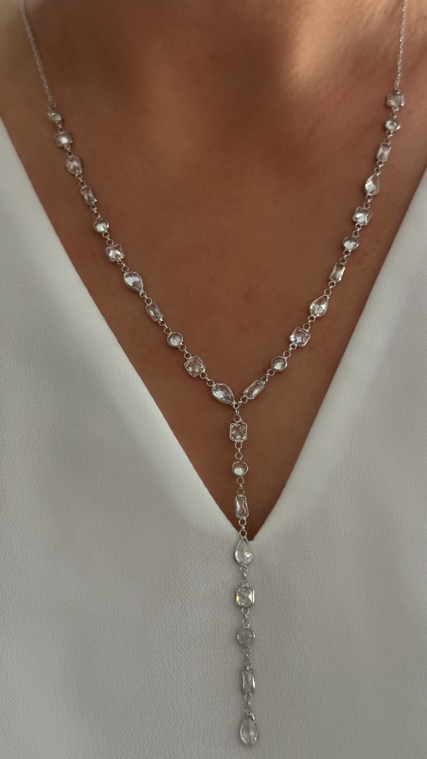 Sterling Silver CZ Gemstone Lariat Necklace, Long Y Necklaces 14K Gold Plated