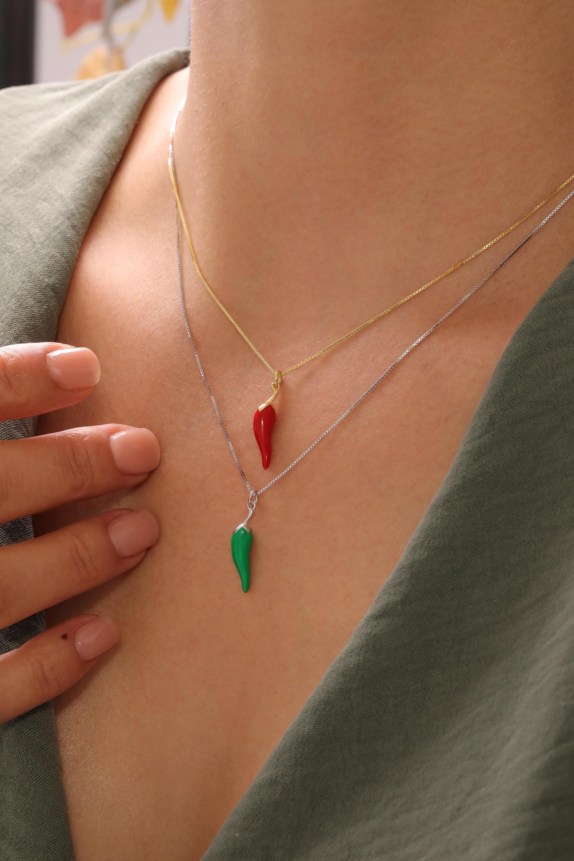 Gold plated chili pepper charm necklace for good luck enamel pendant handmade jewelry