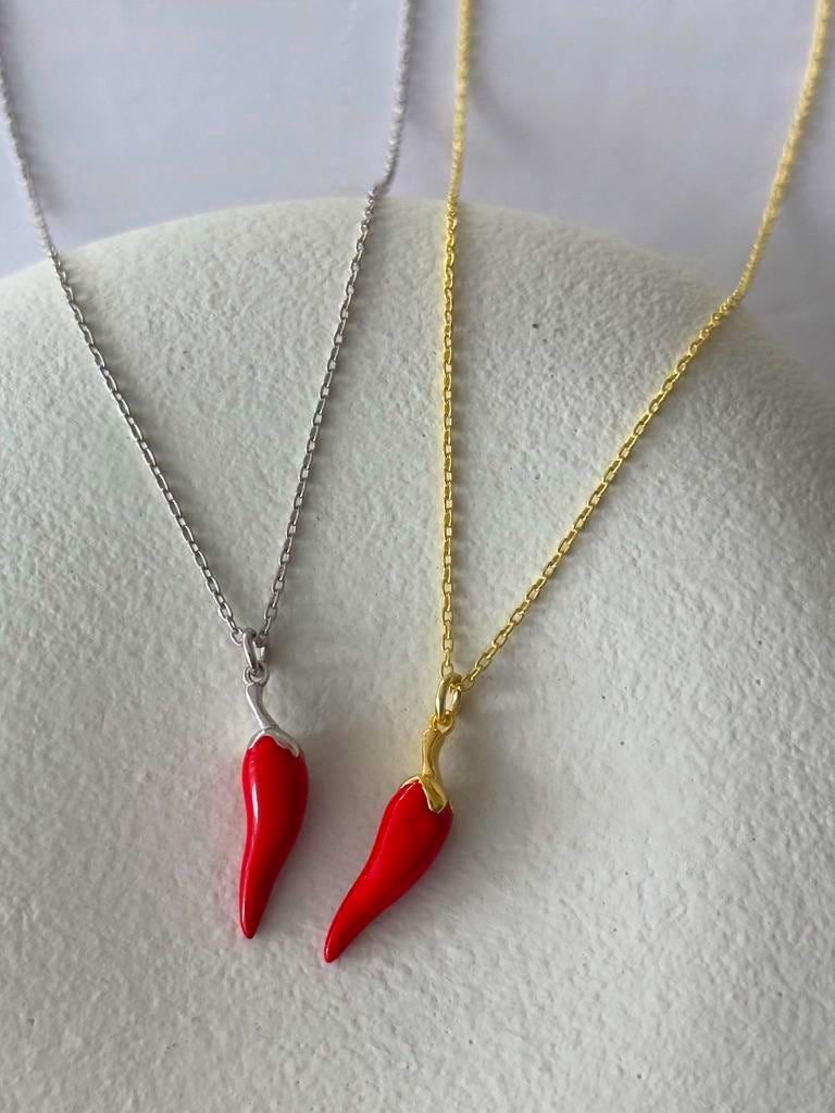 Gold plated chili pepper charm necklace for good luck enamel pendant handmade jewelry