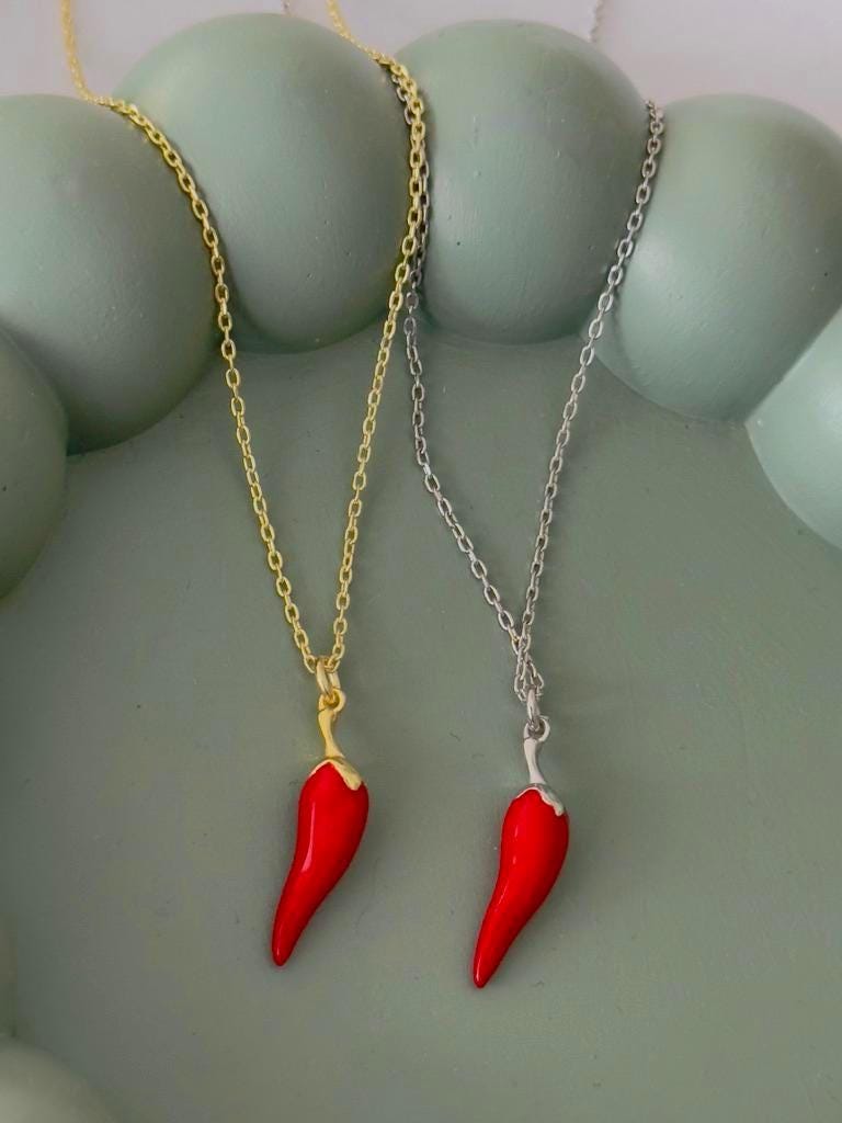 Sterling Silver Chili Pepper Pendant Necklace: Good Luck Charm 14k Gold Plated Jewelry