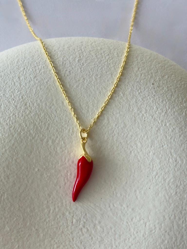 Sterling Silver Chili Pepper Pendant Necklace: Good Luck Charm 14k Gold Plated Jewelry