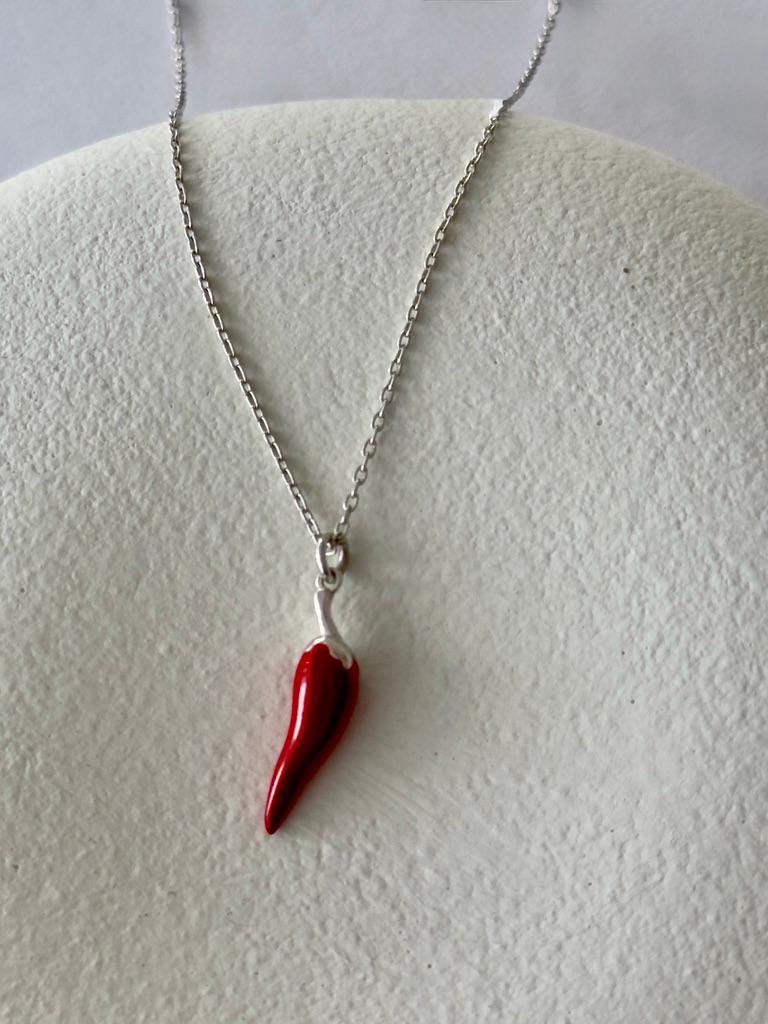 Sterling Silver Chili Pepper Pendant Necklace: Good Luck Charm 14k Gold Plated Jewelry