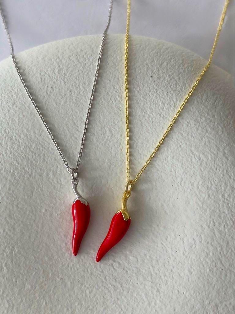 Sterling Silver Chili Pepper Pendant Necklace: Good Luck Charm 14k Gold Plated Jewelry