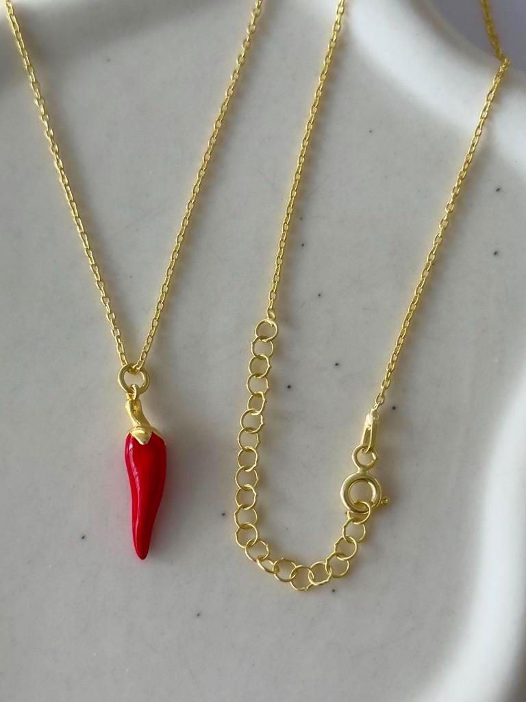 Sterling Silver Chili Pepper Pendant Necklace: Good Luck Charm 14k Gold Plated Jewelry