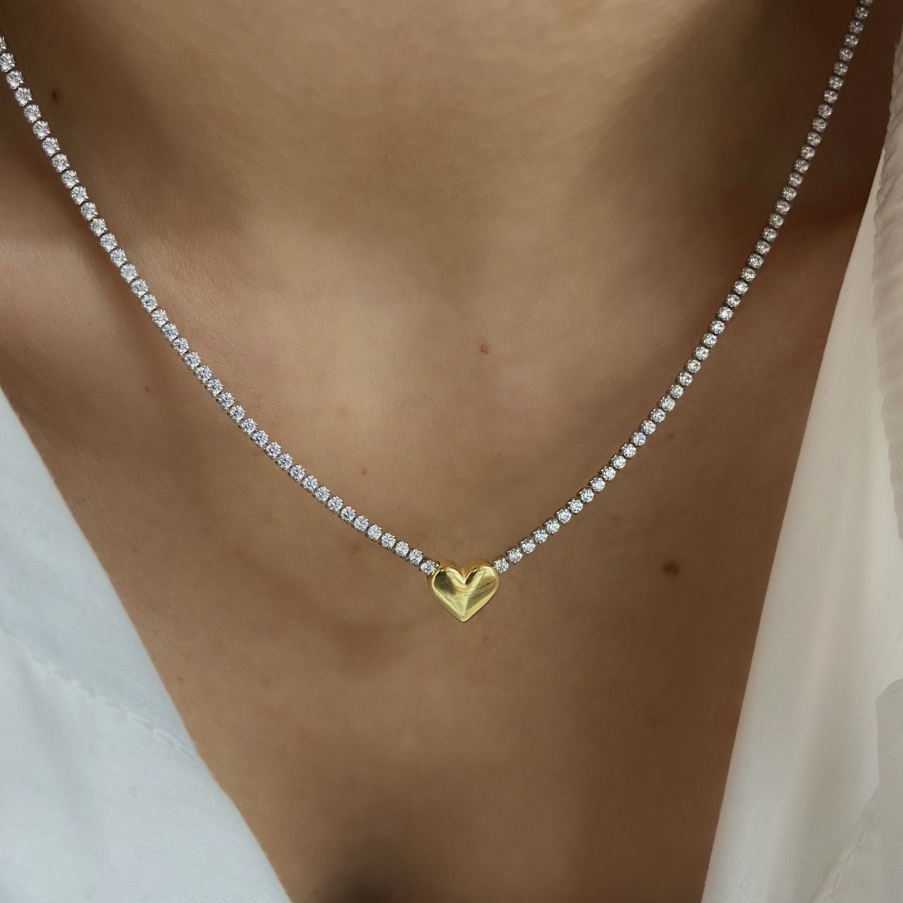 Gold plated CZ diamond tennis choker necklace with adjustable extender