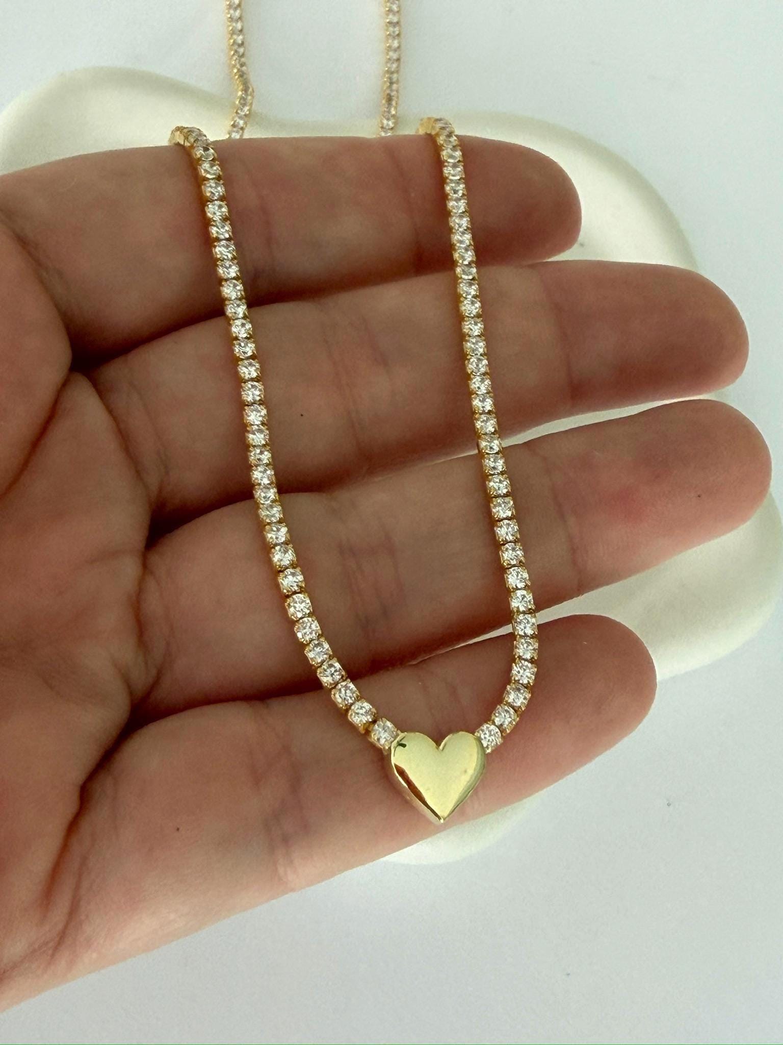 Sterling Silver Cubic Zirconia Tennis Choker: 3d Heart Pendant Necklace Tennis Jewelry