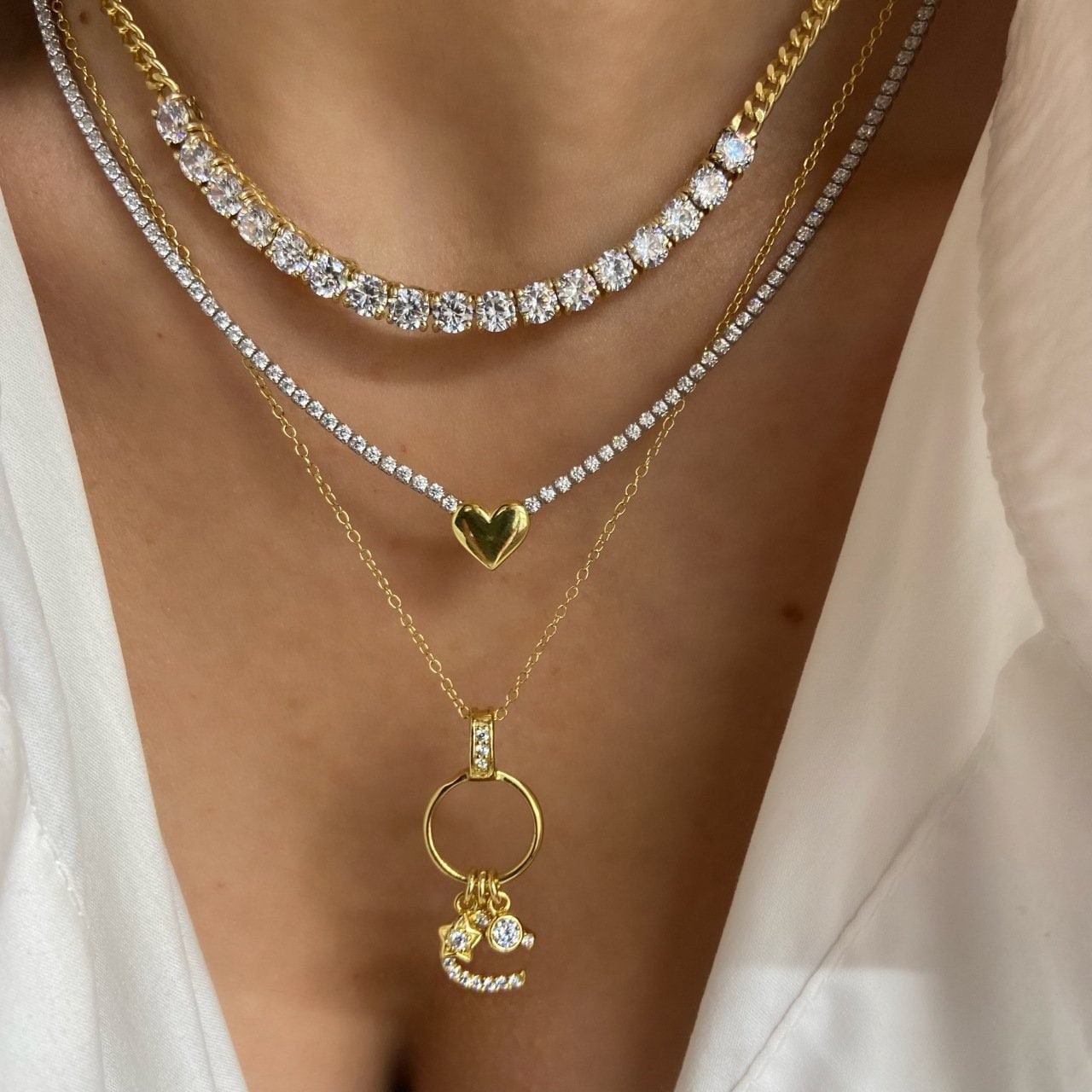 Sterling Silver Cubic Zirconia Tennis Choker: 3d Heart Pendant Necklace Tennis Jewelry