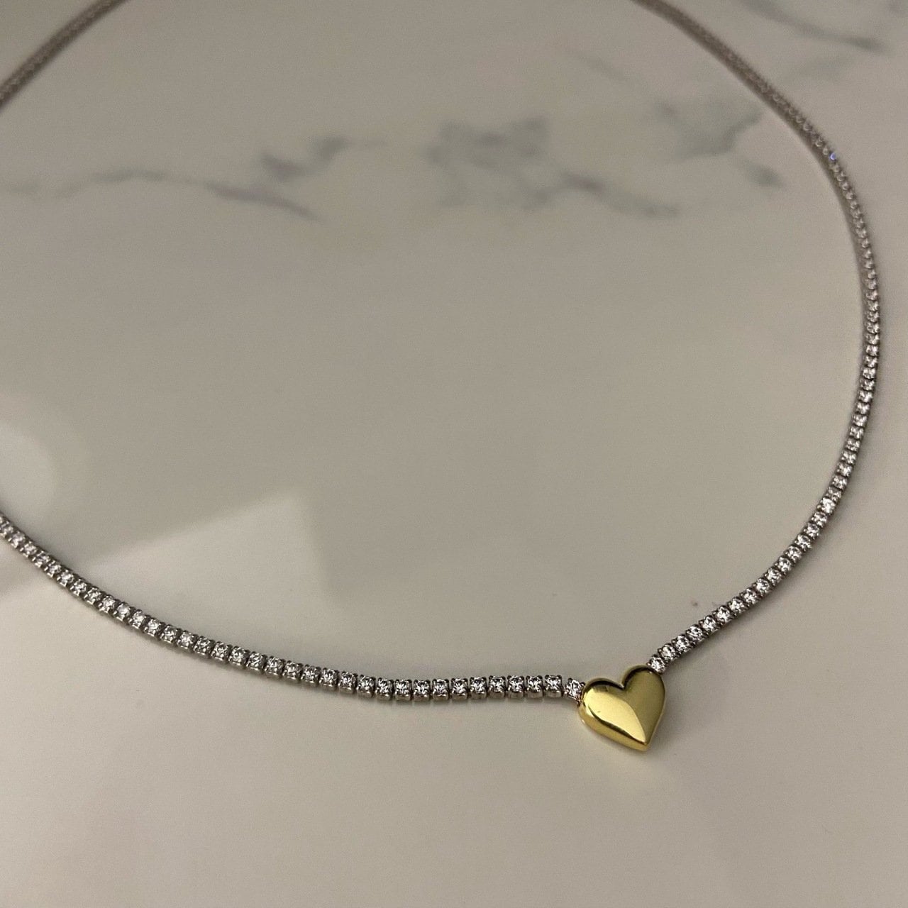 Elegant layering necklace with crystal tennis chain and sterling silver heart pendant