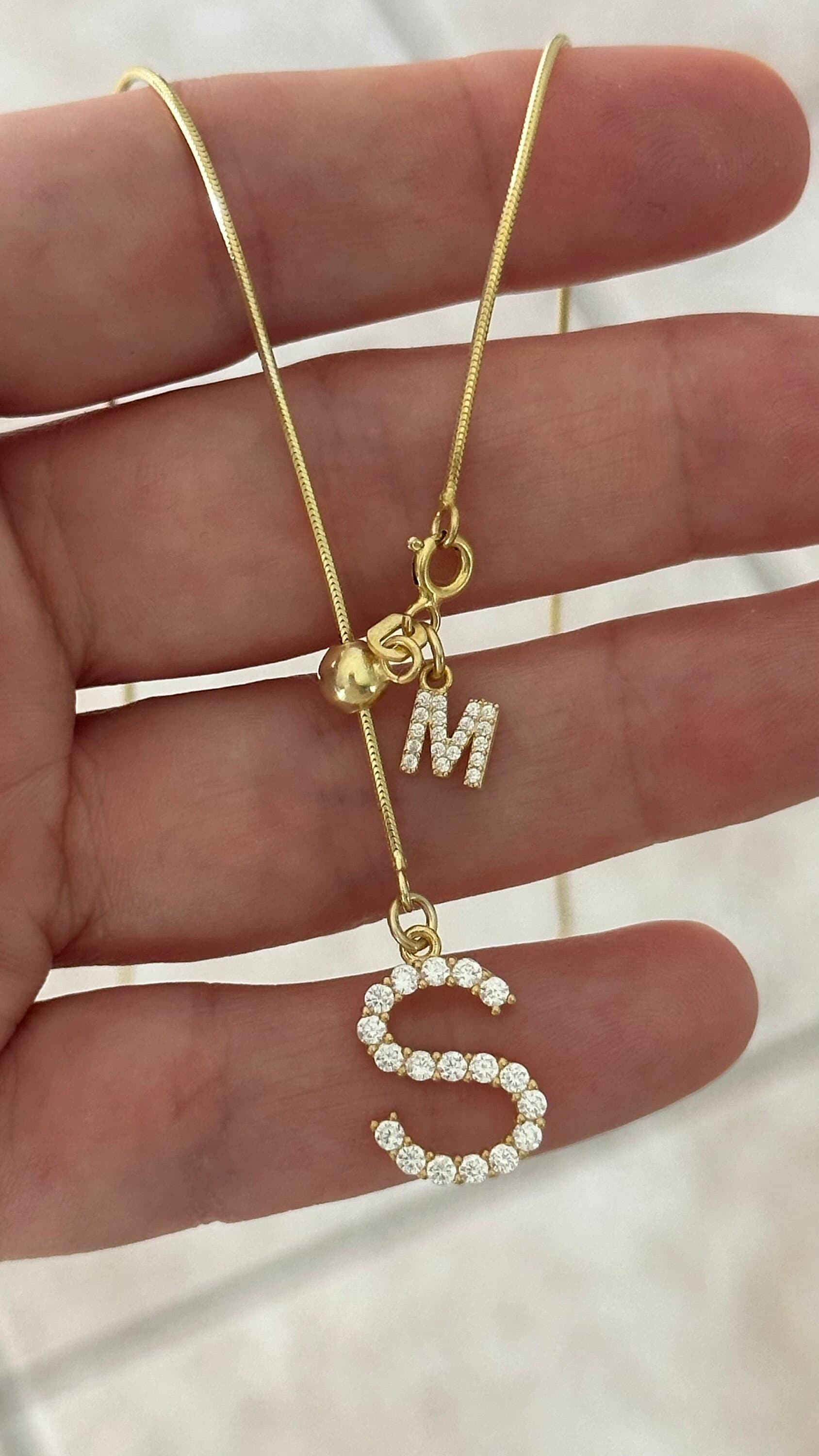 Personalized Lariat Necklace,  Big and Small CZ Diamond Two Initial Necklace,  Long Y Drop Letter - Adjustable Sliding Snake Chain - Custom Jewelry Gifts Women Girls - Solid 925 Sterling Silver 14k Gold Plated