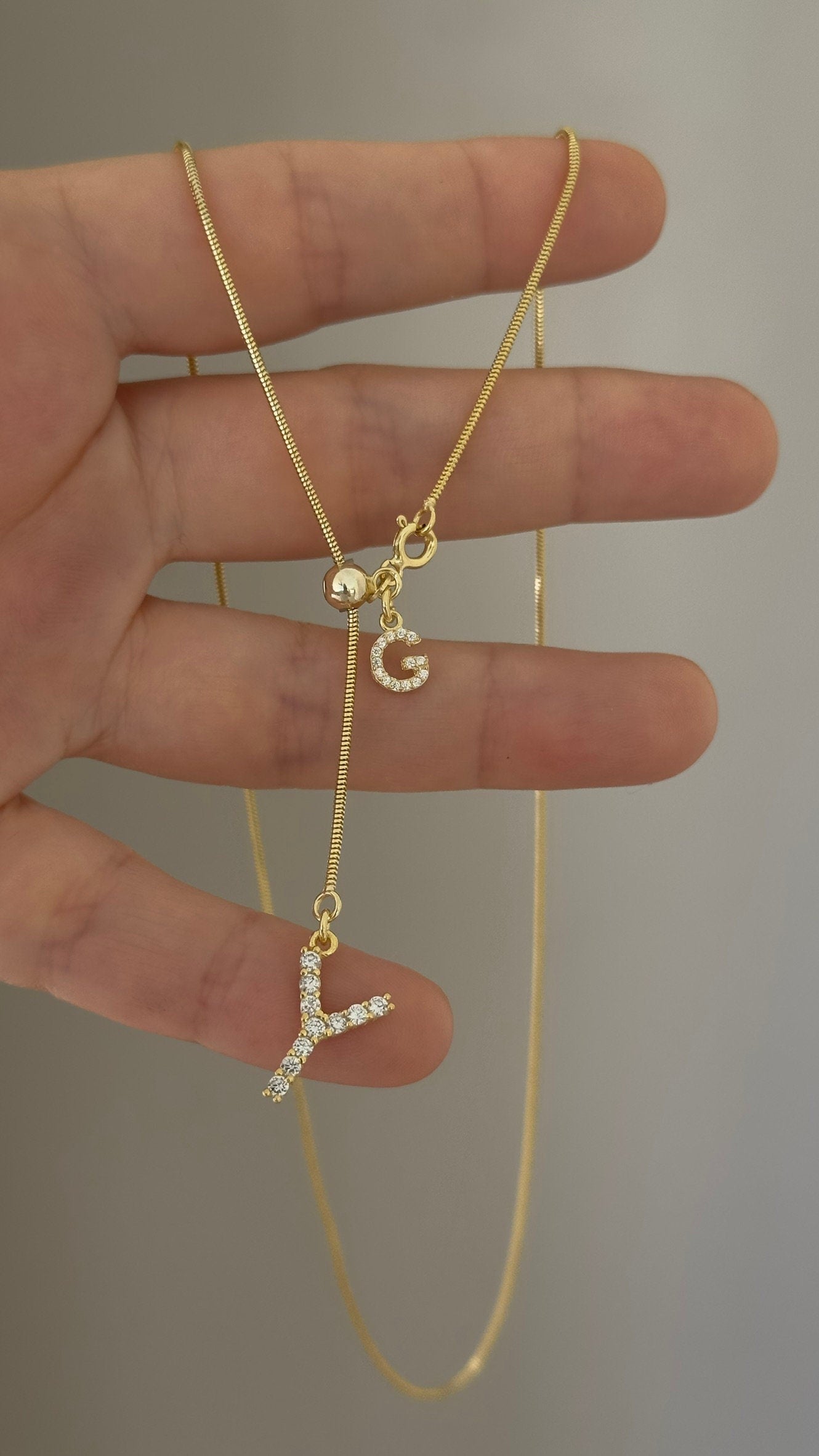 Sterling Silver Diamond Initial Lariat Necklace: Cubic Zirconia Letter Pendant