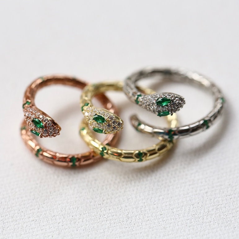 Sterling Silver Snake Ring: Green CZ Gemstone Eyes, Adjustable Serpent Jewelry