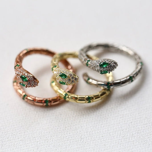 Sterling Silver Snake Ring: Green CZ Gemstone Eyes, Adjustable Serpent Jewelry