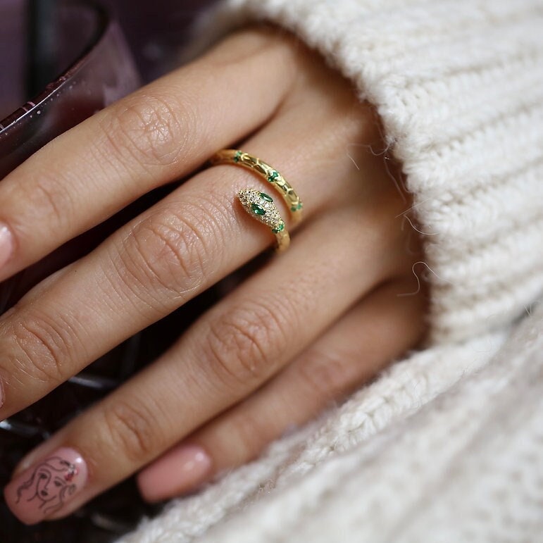 Sterling Silver Diamond Snake Ring: Green CZ Gemstone Eye, Adjustable Serpent Rings Jewelry Gift