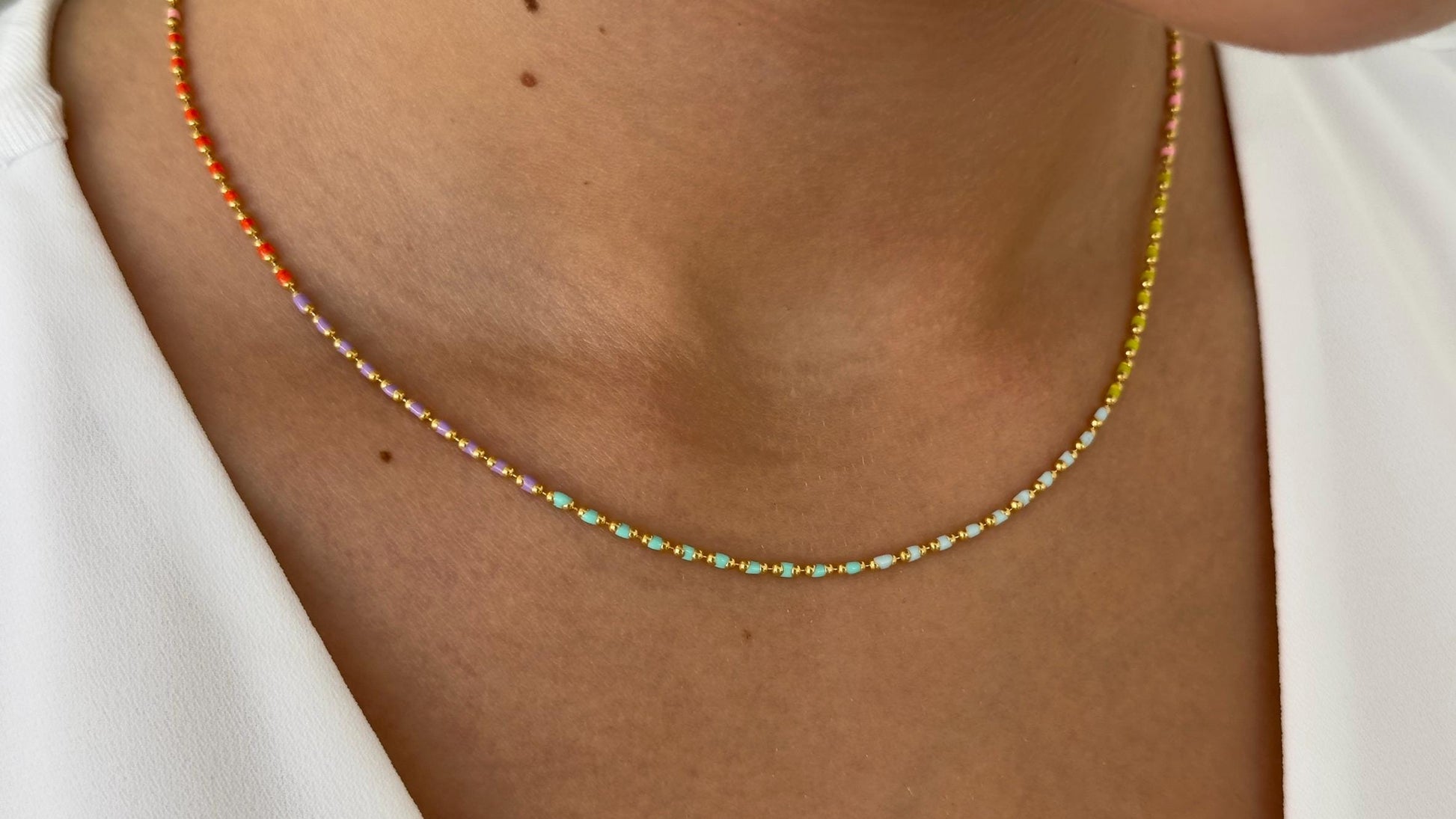 Sterling Silver Enamel Necklace: Multicolor Neon Colorful Bead Chain 14k Gold Plated HandmadeJewelry