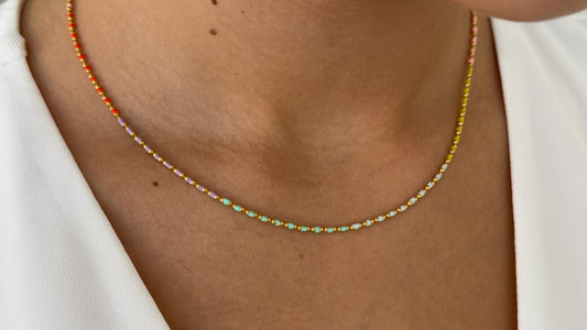 Sterling Silver Enamel Necklace: Multicolor Neon Colorful Bead Chain 14k Gold Plated HandmadeJewelry