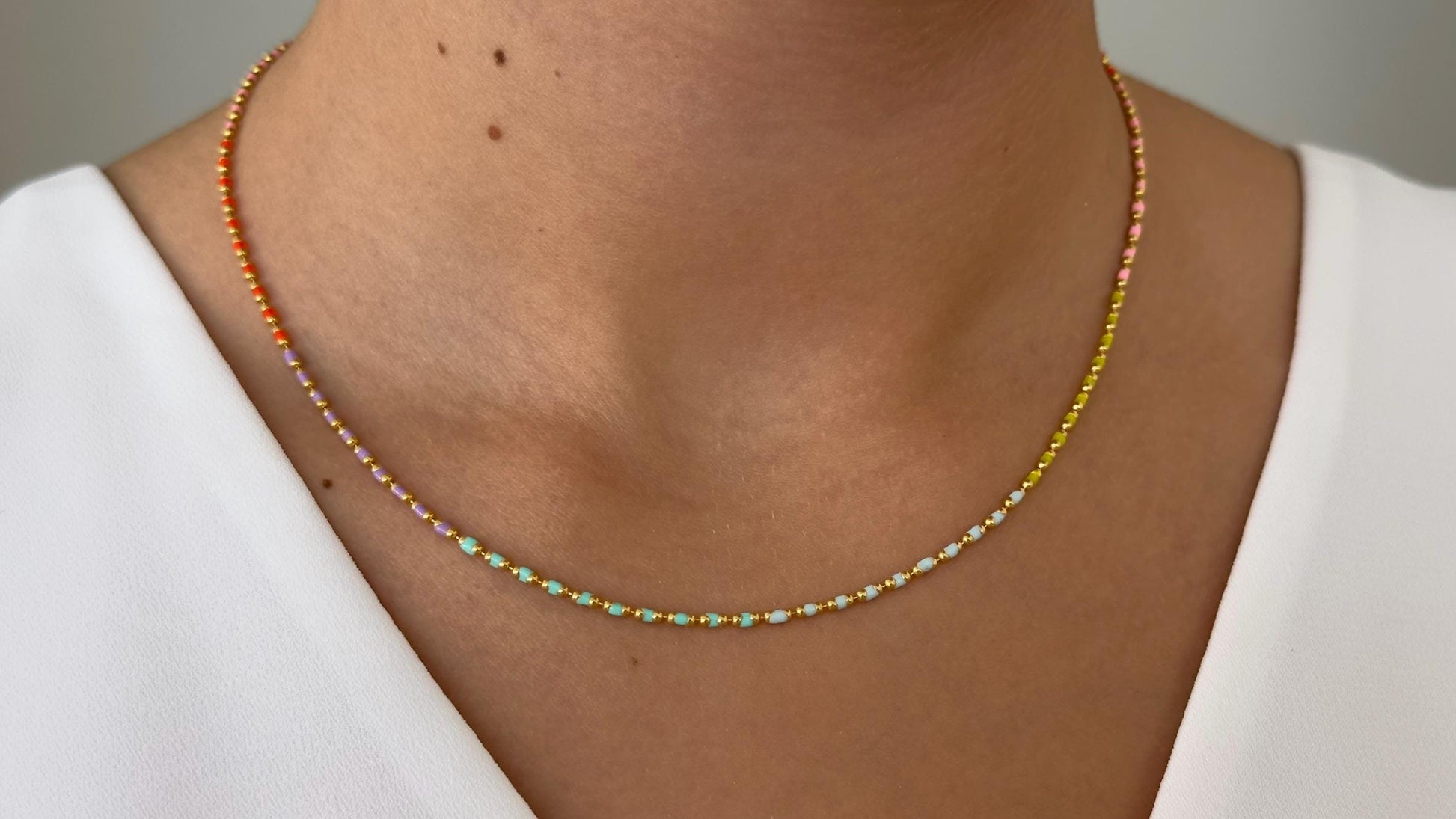 Sterling Silver Enamel Necklace: Multicolor Neon Bead Chain 14k Gold Plated Jewelry