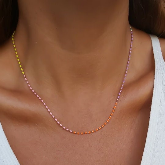 Sterling Silver Enamel Necklace: Multicolor Neon Bead Chain 14k Gold Plated Jewelry