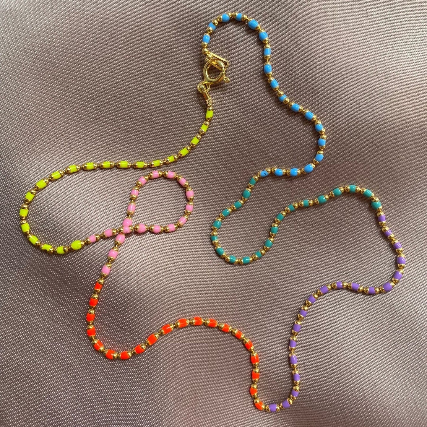 Sterling Silver Enamel Necklace: Multicolor Neon Bead Chain 14k Gold Plated Jewelry