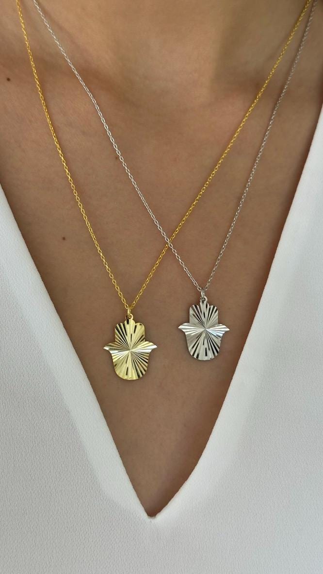 Hamsa Hand Necklace, Hand of God Pendant, Shiny Hand of Fatima Charm, Protection Jewelry, Protection Necklace, Lucky Charm Necklace, Gift for her, Mother's Day Gifts, 925 Sterling Silver, Handmade Jewelry Women Girls