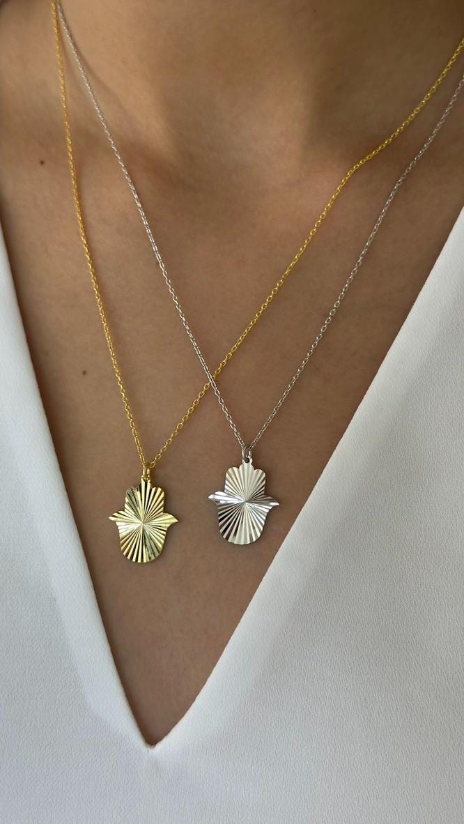 Sterling Silver Hamsa Hand Necklace: 14k Gold Fatima Pendant, Protection Jewelry Gift