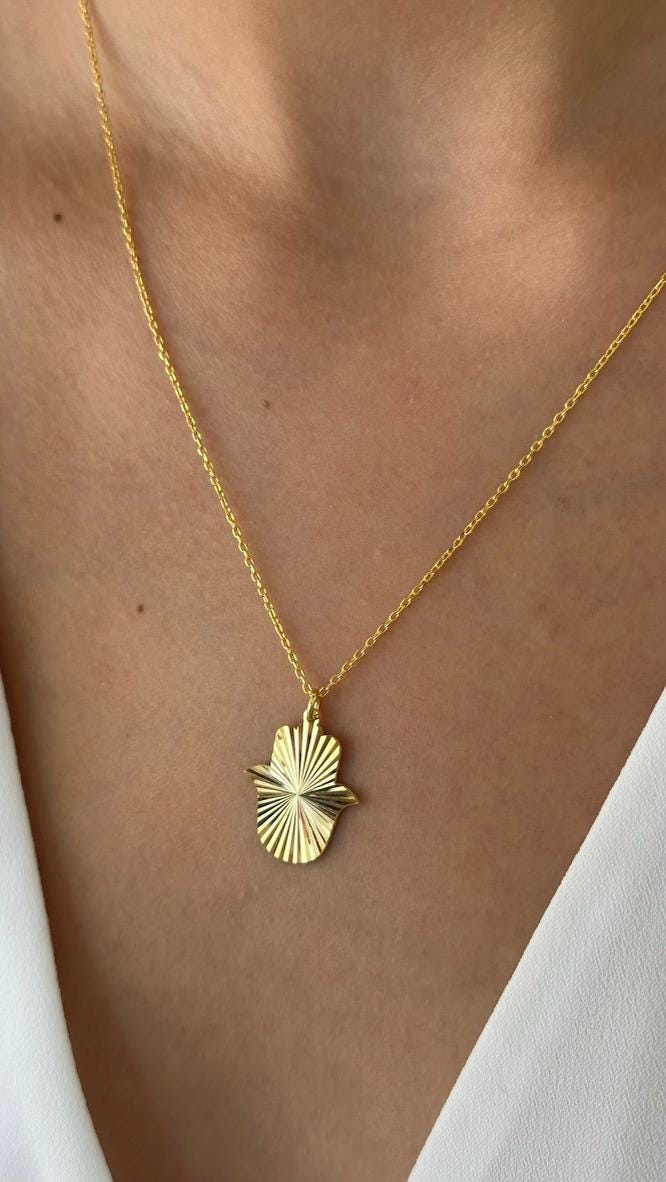 Sterling Silver Hamsa Hand Necklace: 14k Gold Fatima Pendant, Protection Jewelry Gift