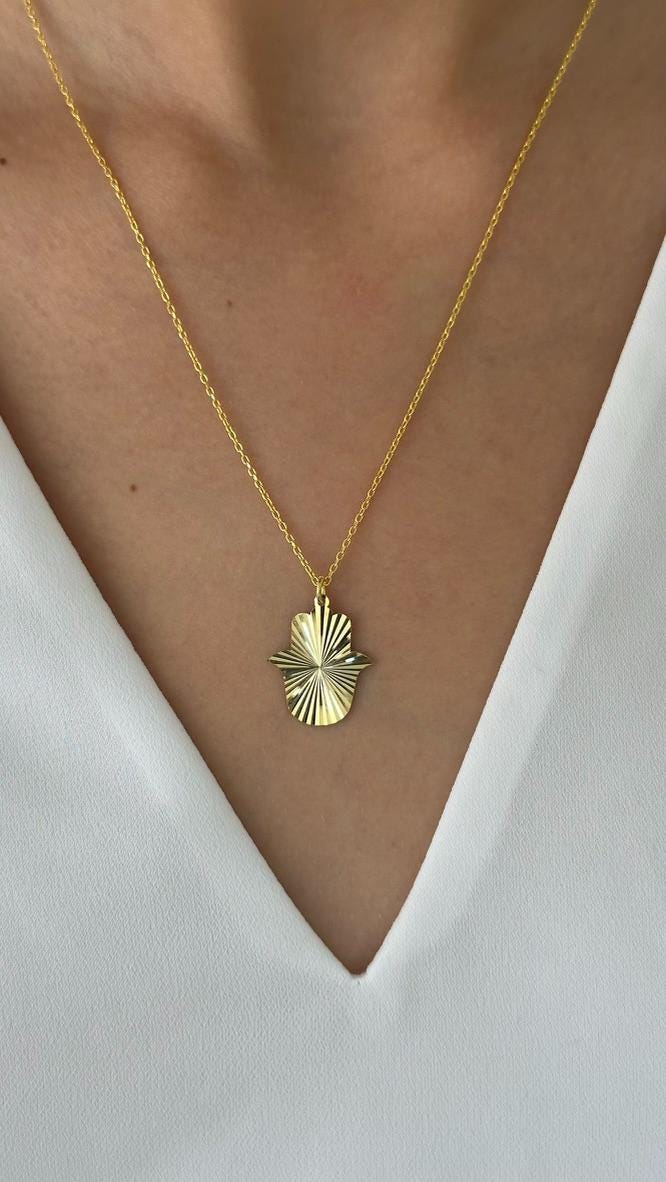 Sterling Silver Hamsa Hand Necklace: 14k Gold Fatima Pendant, Protection Jewelry Gift
