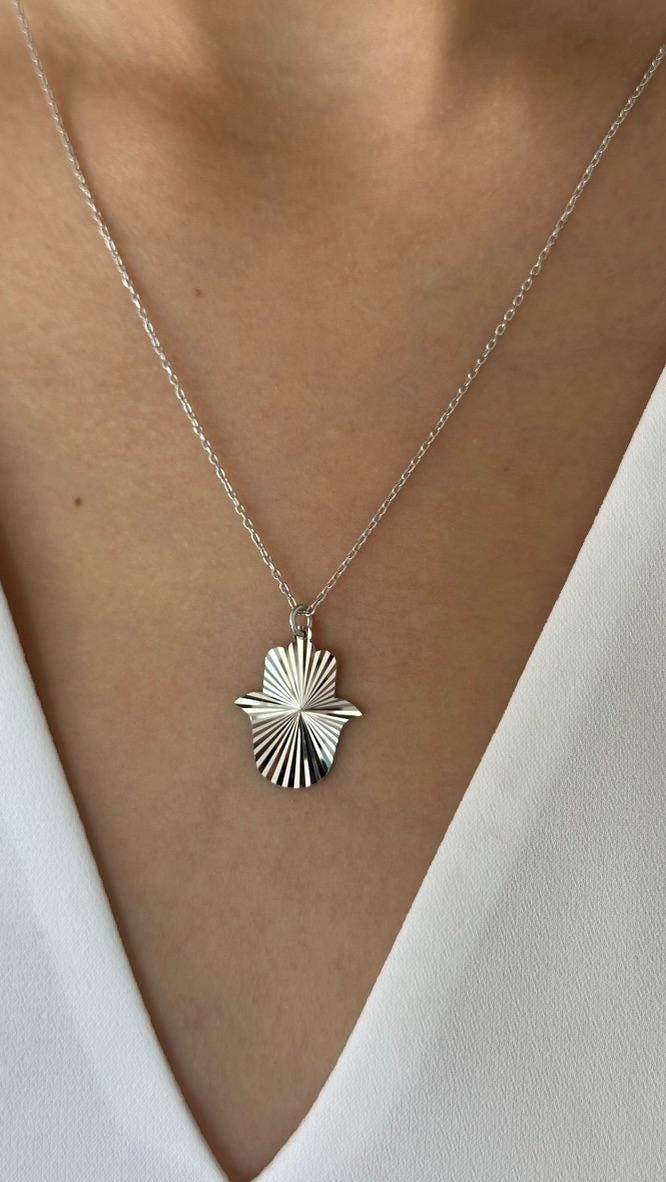 Sterling Silver Hamsa Hand Necklace: 14k Gold Fatima Pendant, Protection Jewelry Gift