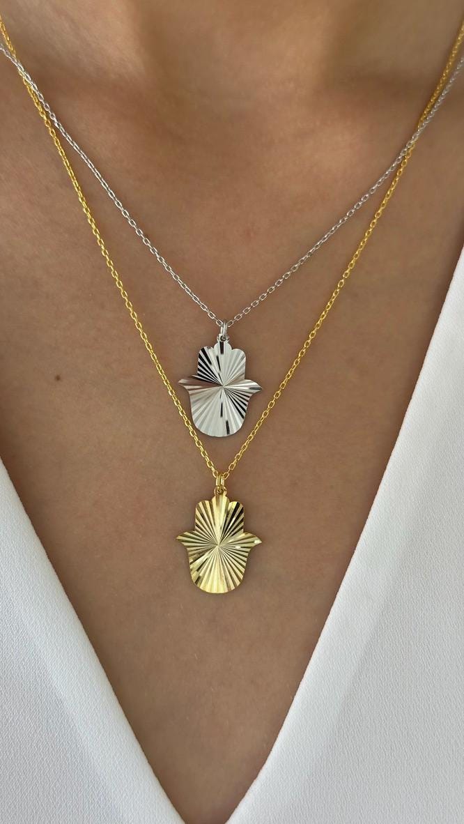 Sterling Silver Hamsa Hand Necklace: 14k Gold Fatima Pendant, Protection Jewelry Gift