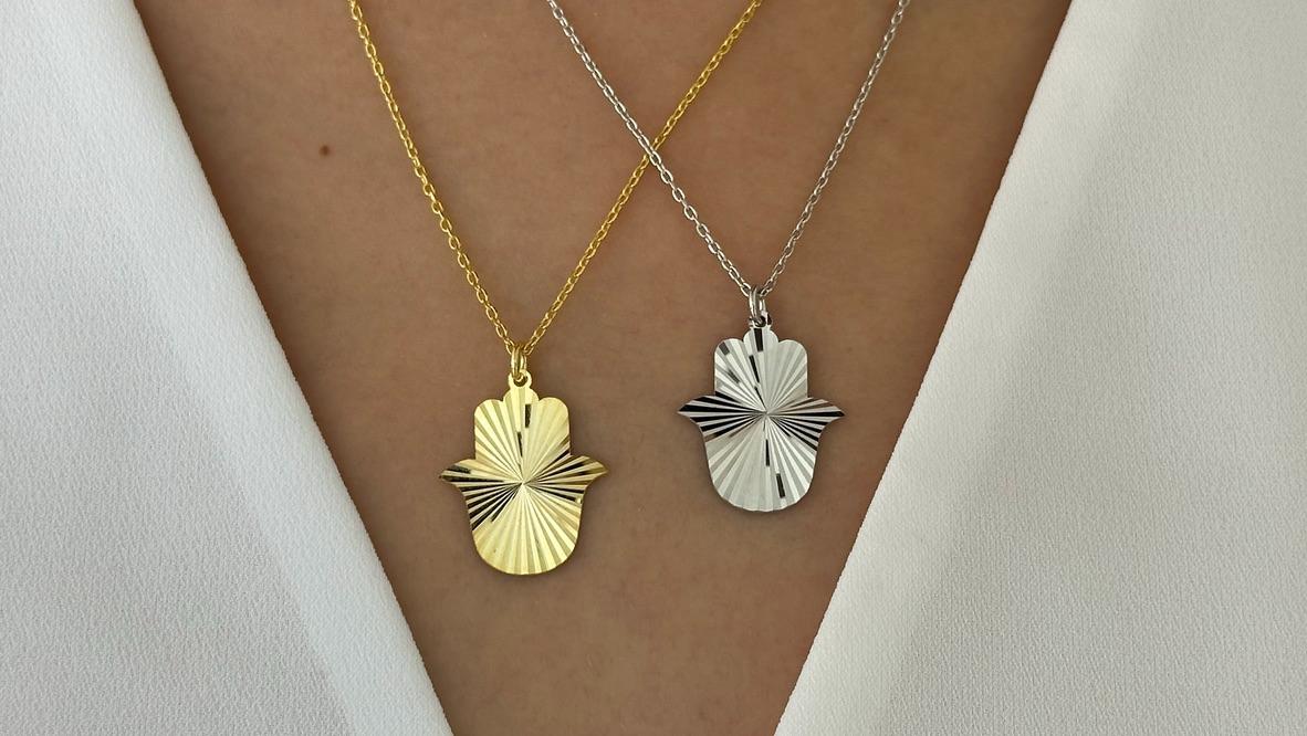 Sterling Silver Hamsa Hand Necklace: 14k Gold Fatima Pendant, Protection Jewelry Gift