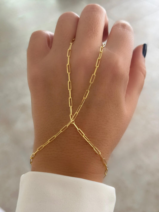 Dainty gold hand chain bracelet with adjustable paperclip link chain and finger ring