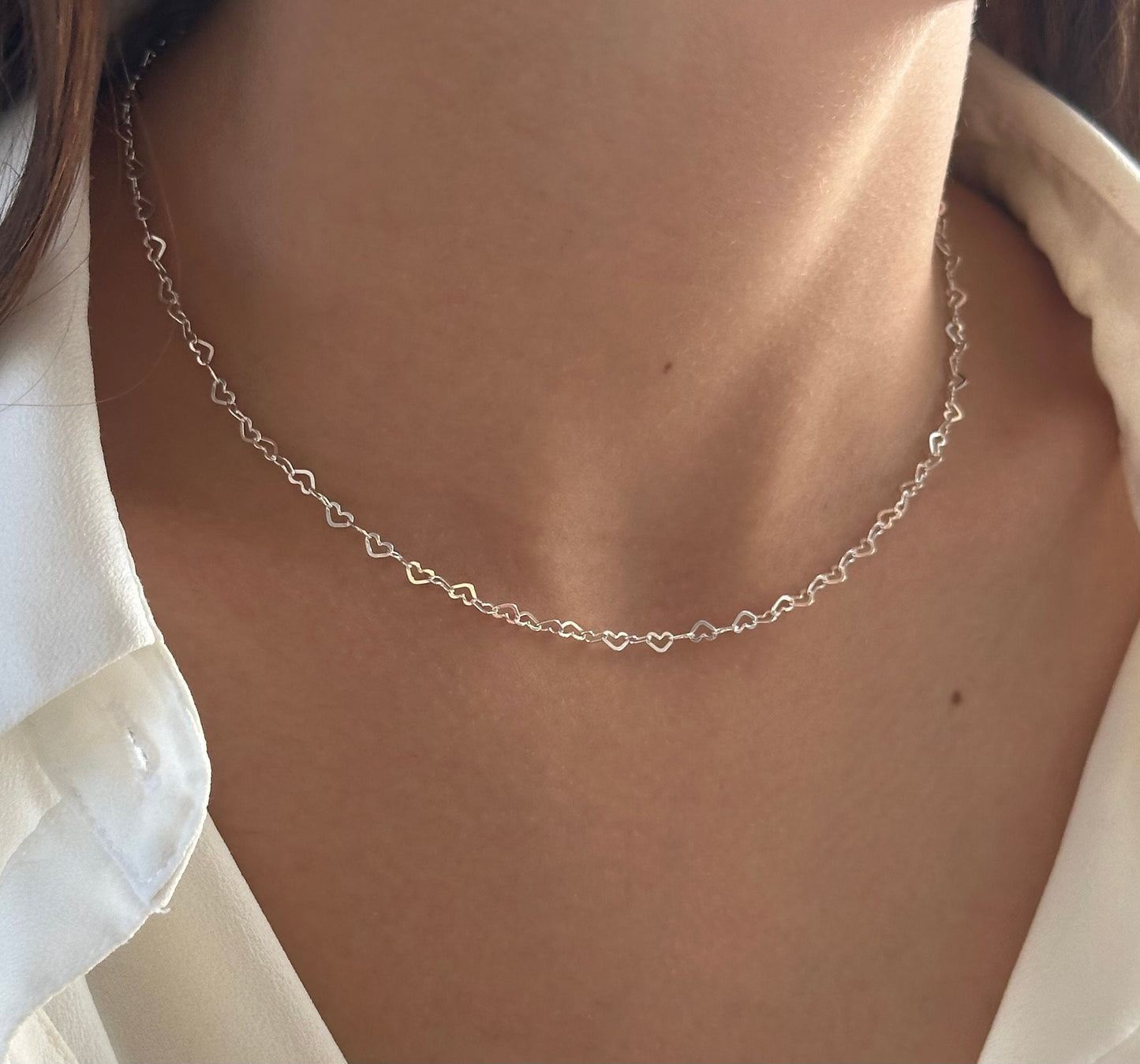 Sterling Silver Heart Chain Necklace, Heart link Choker, Layering Necklace, Gold / Rose Gold 14k Plated, Minimalist Jewelry, Gift for her