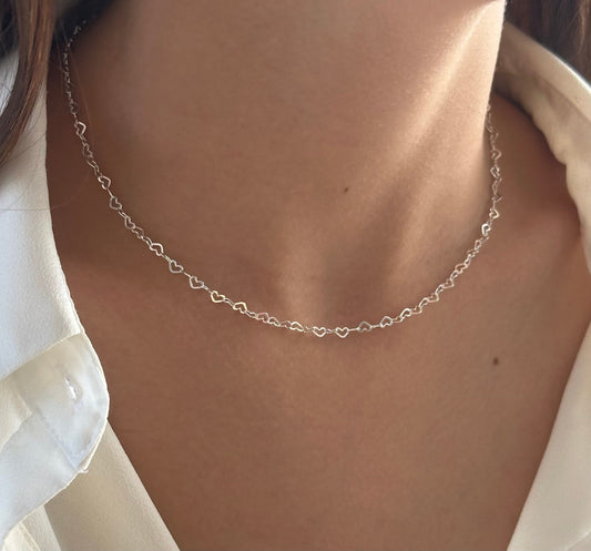 Sterling Silver Heart Chain Necklace, Heart link Choker, Layering Necklace, Gold / Rose Gold 14k Plated, Minimalist Jewelry, Gift for her