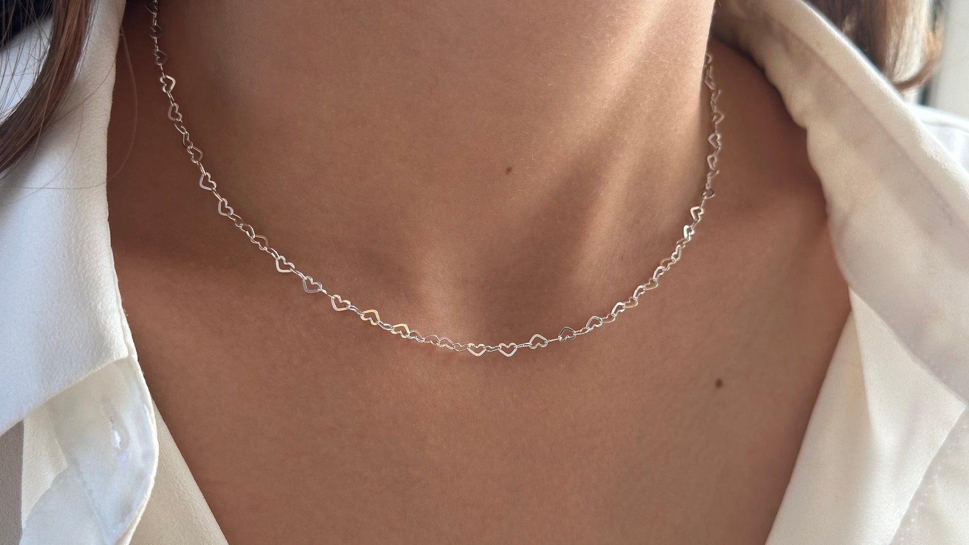 Sterling Silver Heart Chain Necklace: 14k Gold Plated Choker Dainty Layering Jewelry
