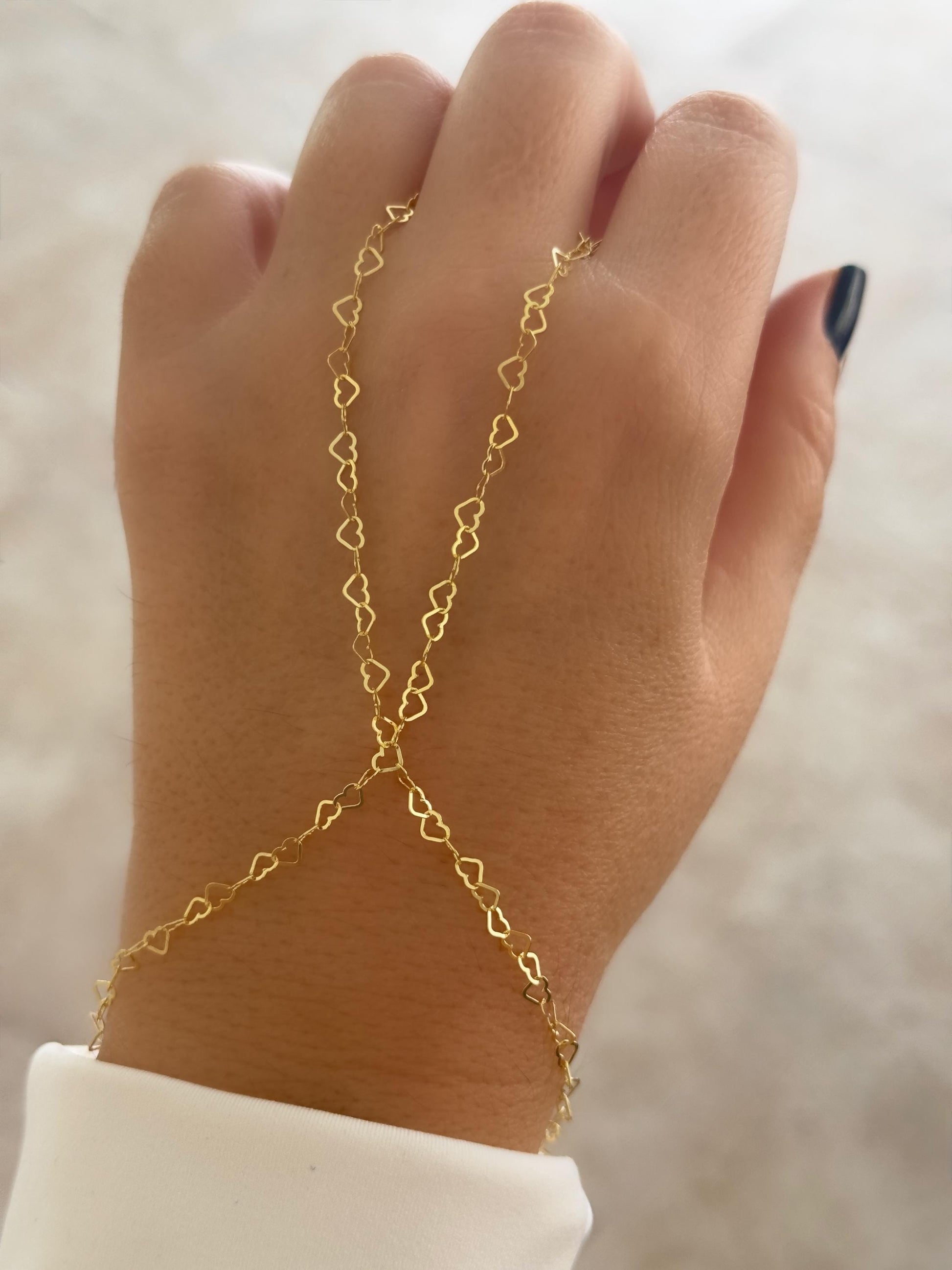 Gold Heart Link Hand Chain ‚Äì Adjustable 14k gold plated sterling silver dainty heart link hand bracelet. 925 Sterling Silver handmade Jewelry gift.