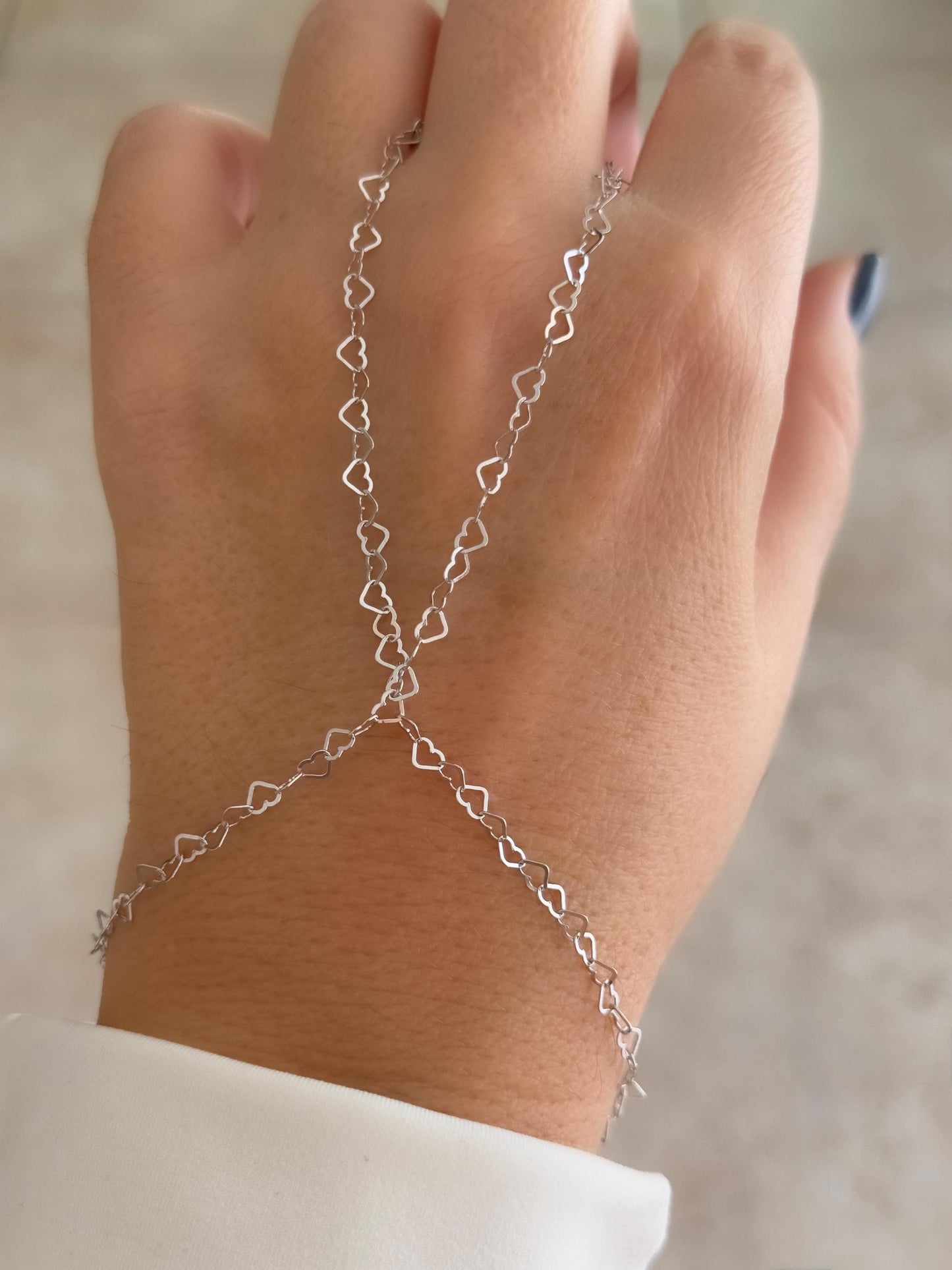 Silver Heart Link Hand Chain ‚Äì Rhodium plated sterling silver dainty adjustable hand jewelry.