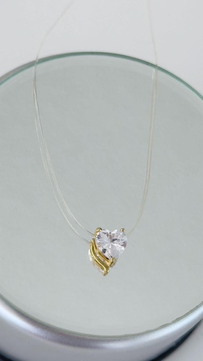 Diamond Heart Floating Illusion Pendant Necklace, Princess Cut Solitaire Charm, Fishing Line Dot Necklace, Transparent Peach Nylon Thread, Ghost String Necklace, Bridesmaids Gifts, 925 sterling silver 14k gold plated, handmade jewelry Women, gift for her, gifts for women